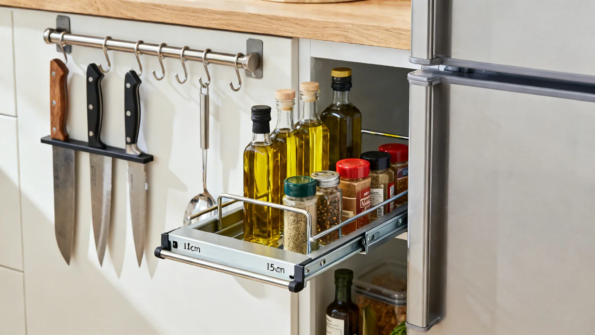 Macro of a narrow pull-out pantry with oils and a nearby knife strip and rail in soft light.