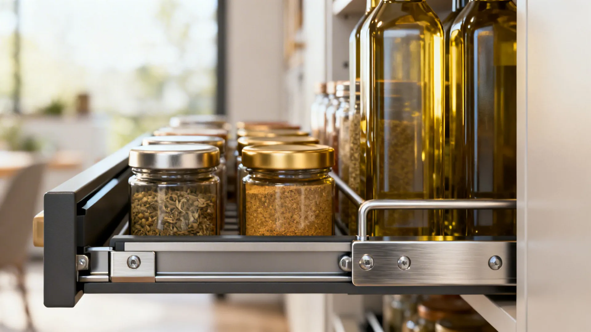 Open metal kitchen drawer holding small glass spice jars and tall glass bottles of oil