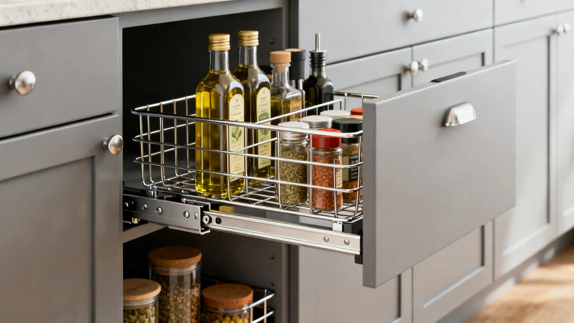 Close-up of a soft-close pull-out pantry runner and wire baskets with spices.