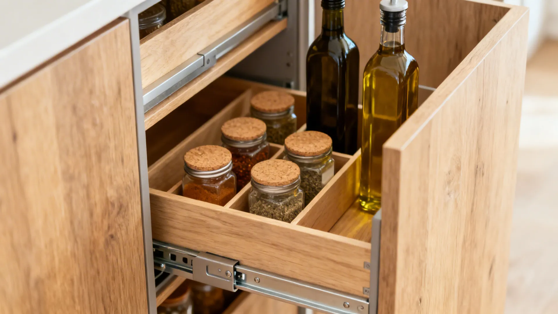 Macro view of a vertical pull-out with adjustable dividers and soft-close runners storing spices and oils.