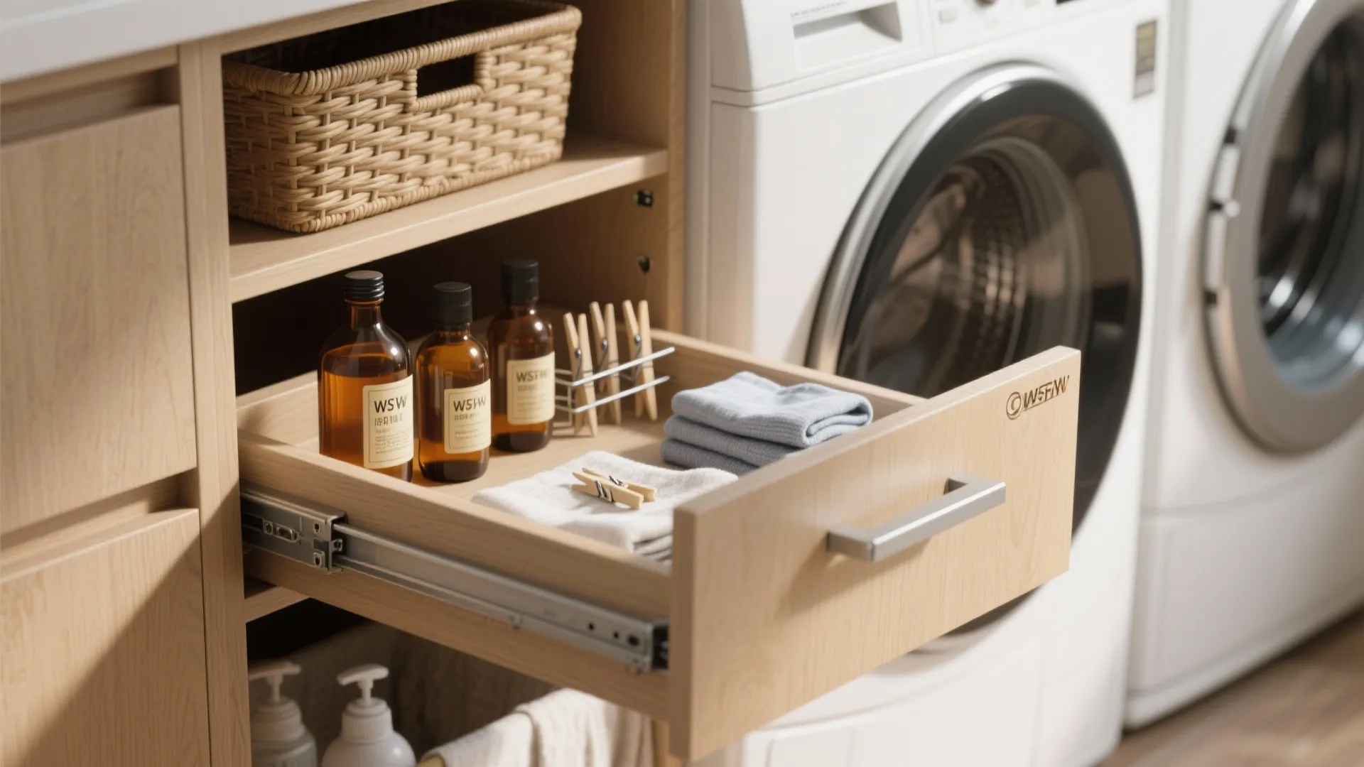 Pull out wooden drawer holding glass bottles and towels next to a white laundry washing machine