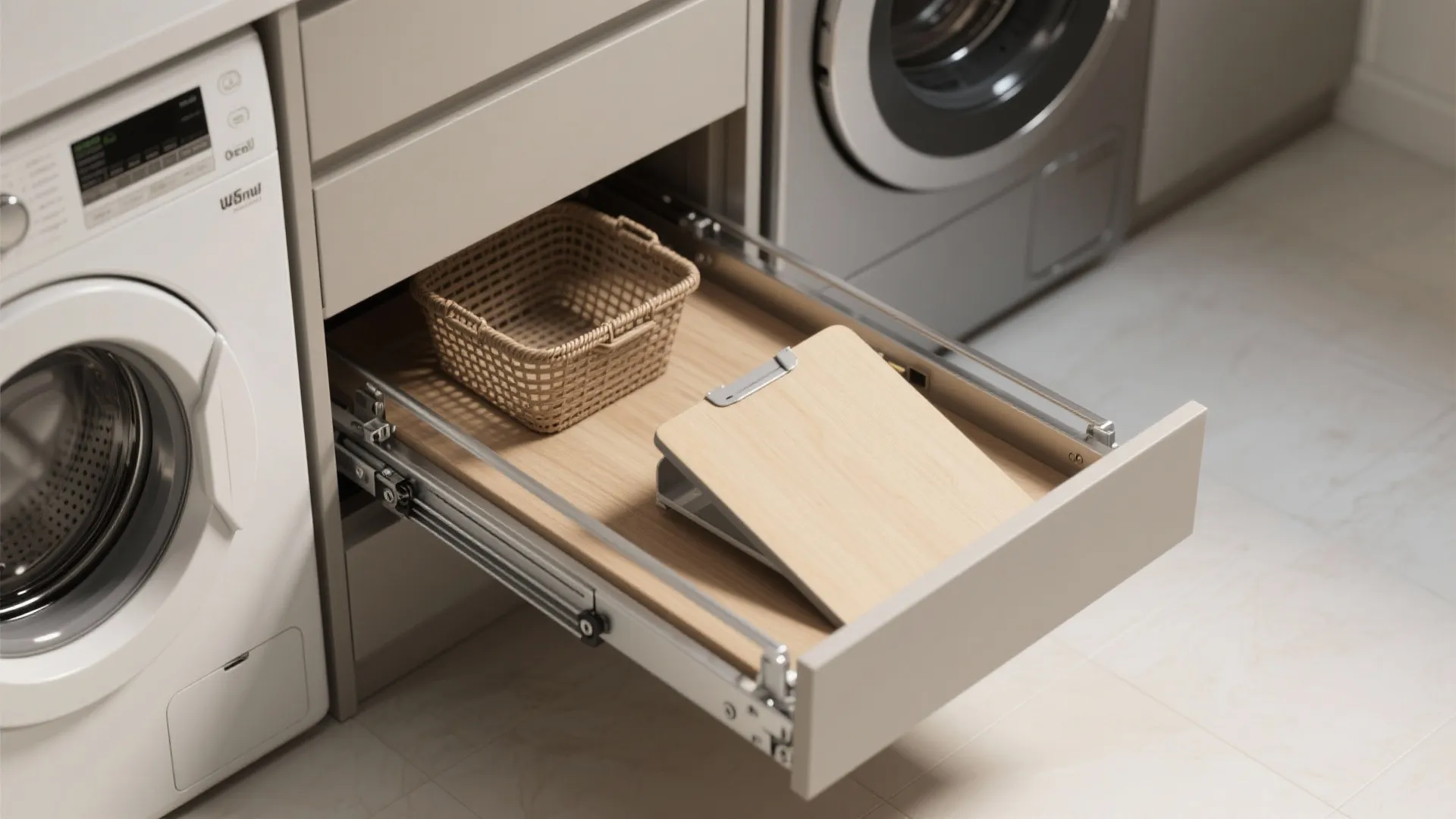 Laundry room storage with open pull-out drawer containing small basket and board between two machines