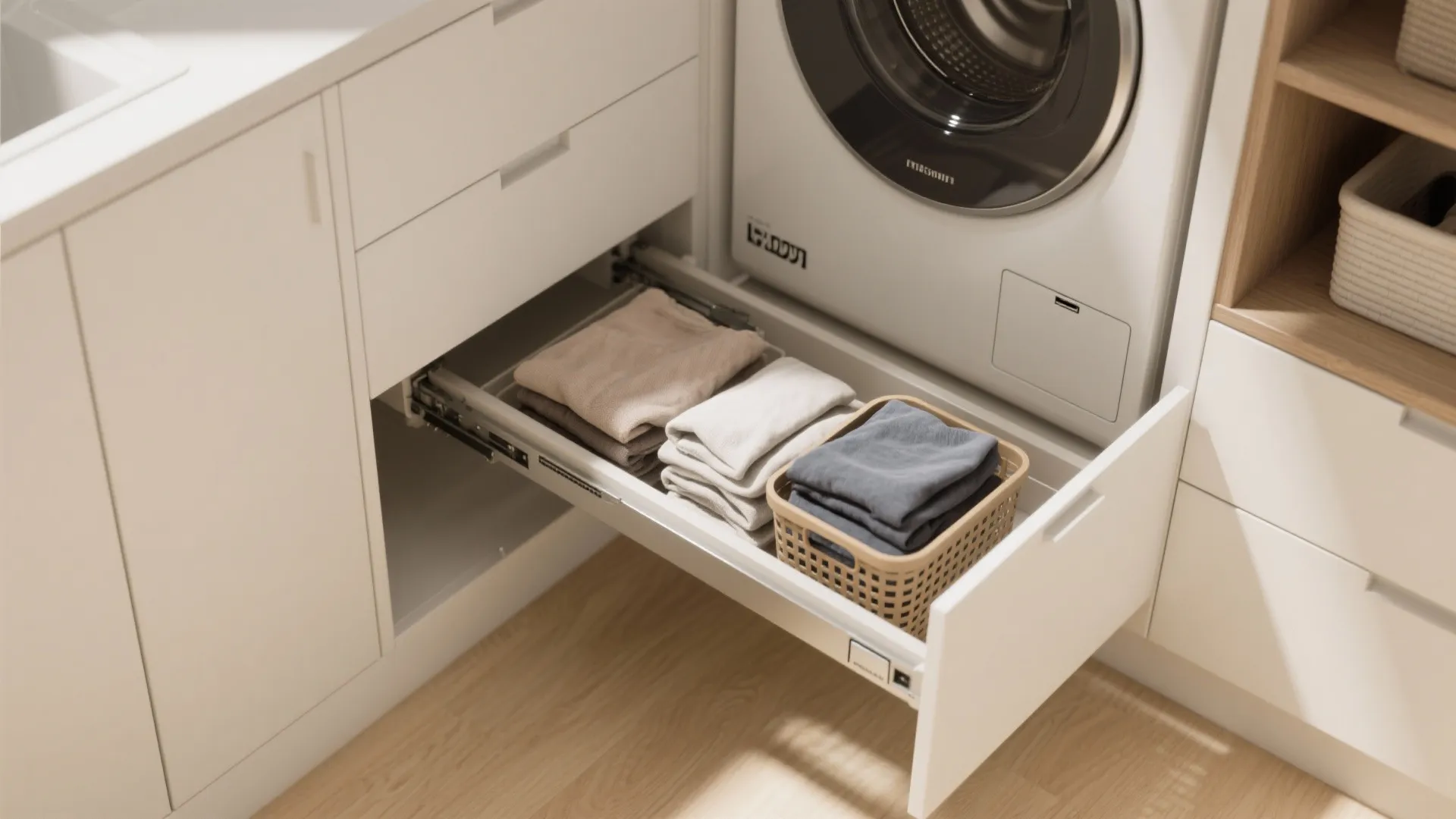 White laundry cabinet with a pull-out shelf holding folded towels and a small storage basket