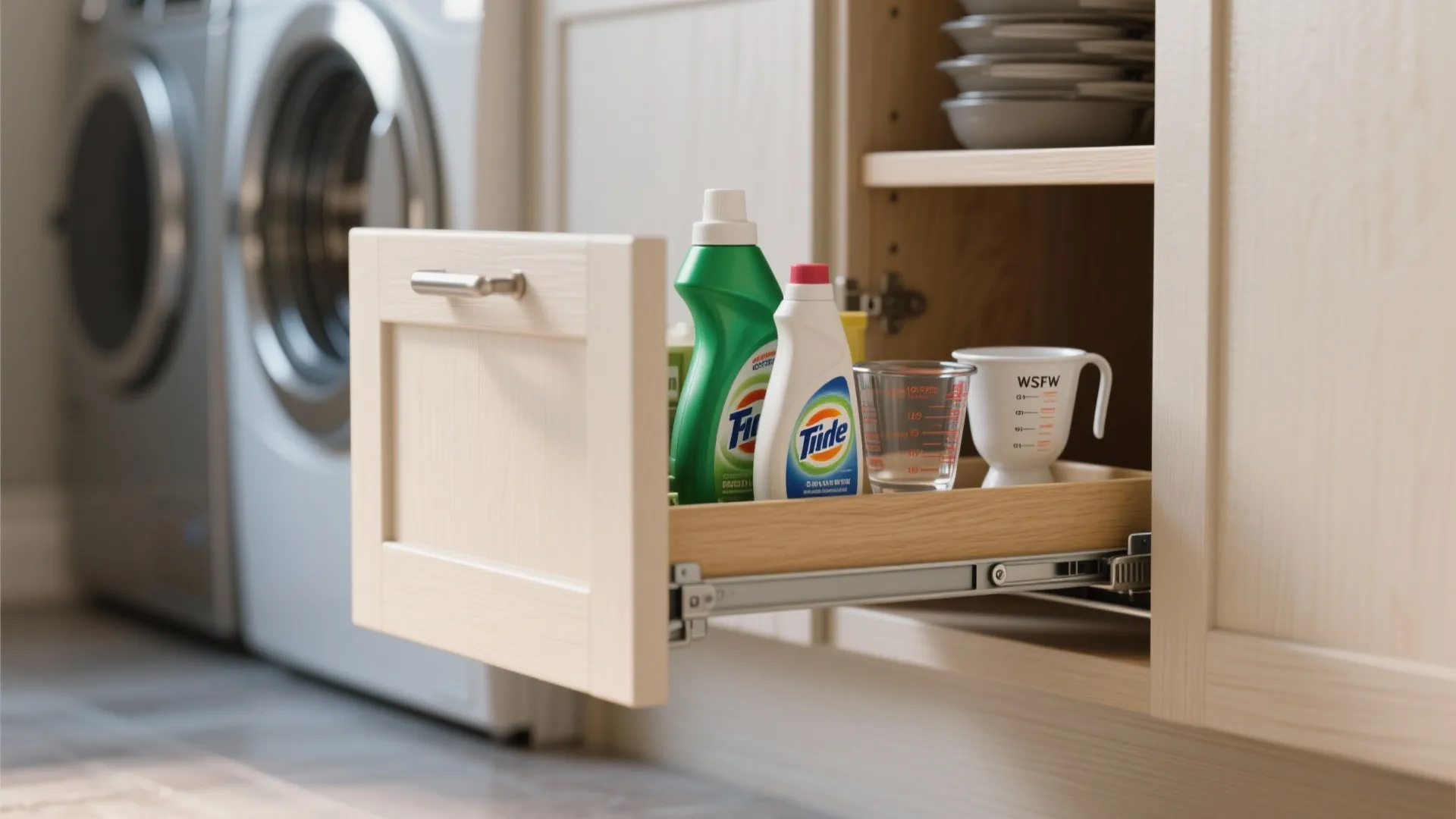 Pull out wooden drawer cabinet holding cleaning supplies with laundry machine in background laundry room