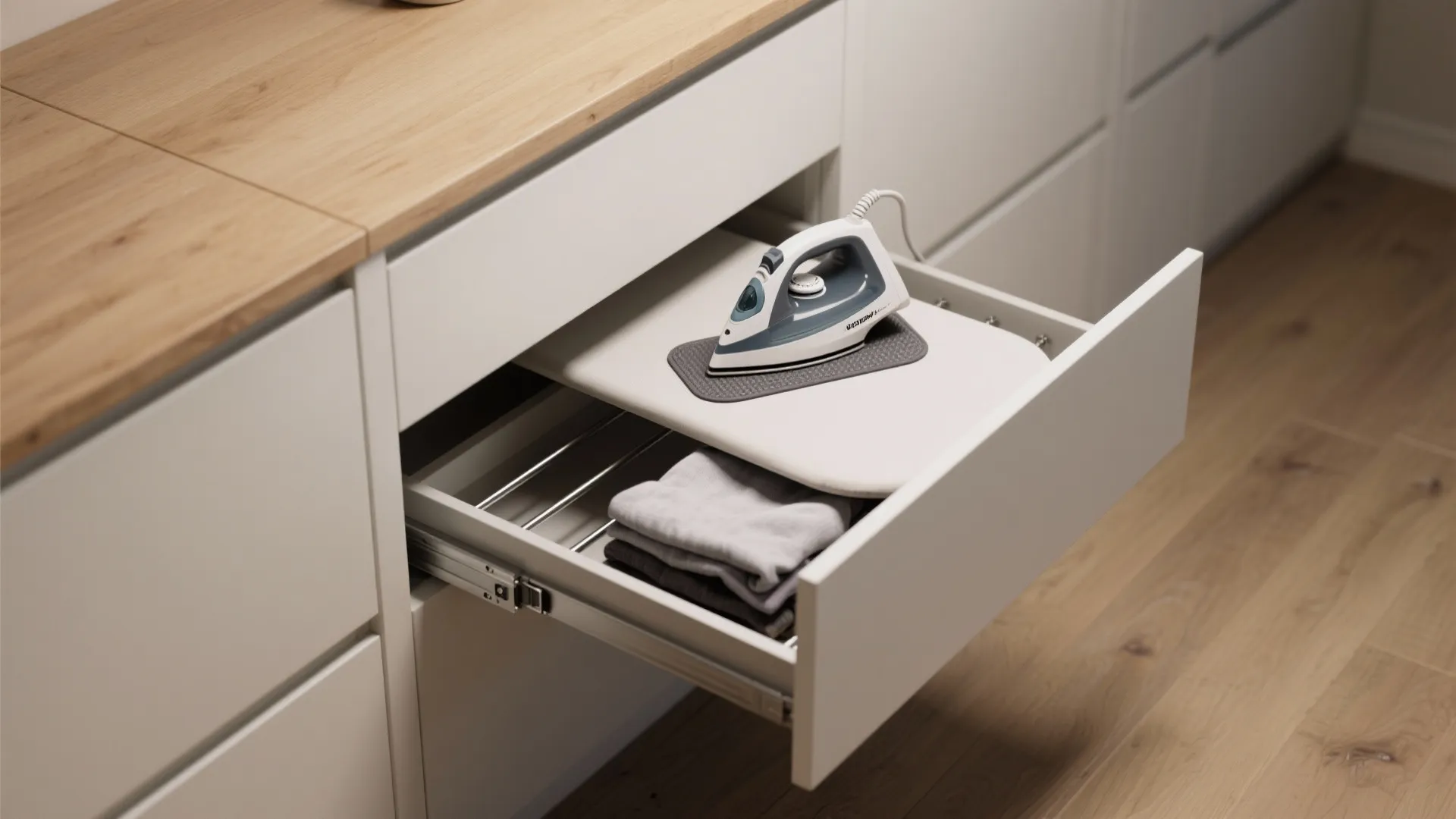 White laundry cabinet with open drawer showing built in ironing board and some folded clothes