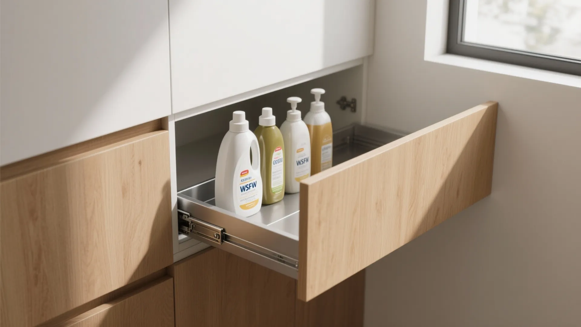 1. Slim pull-out shelf inside a cabinet