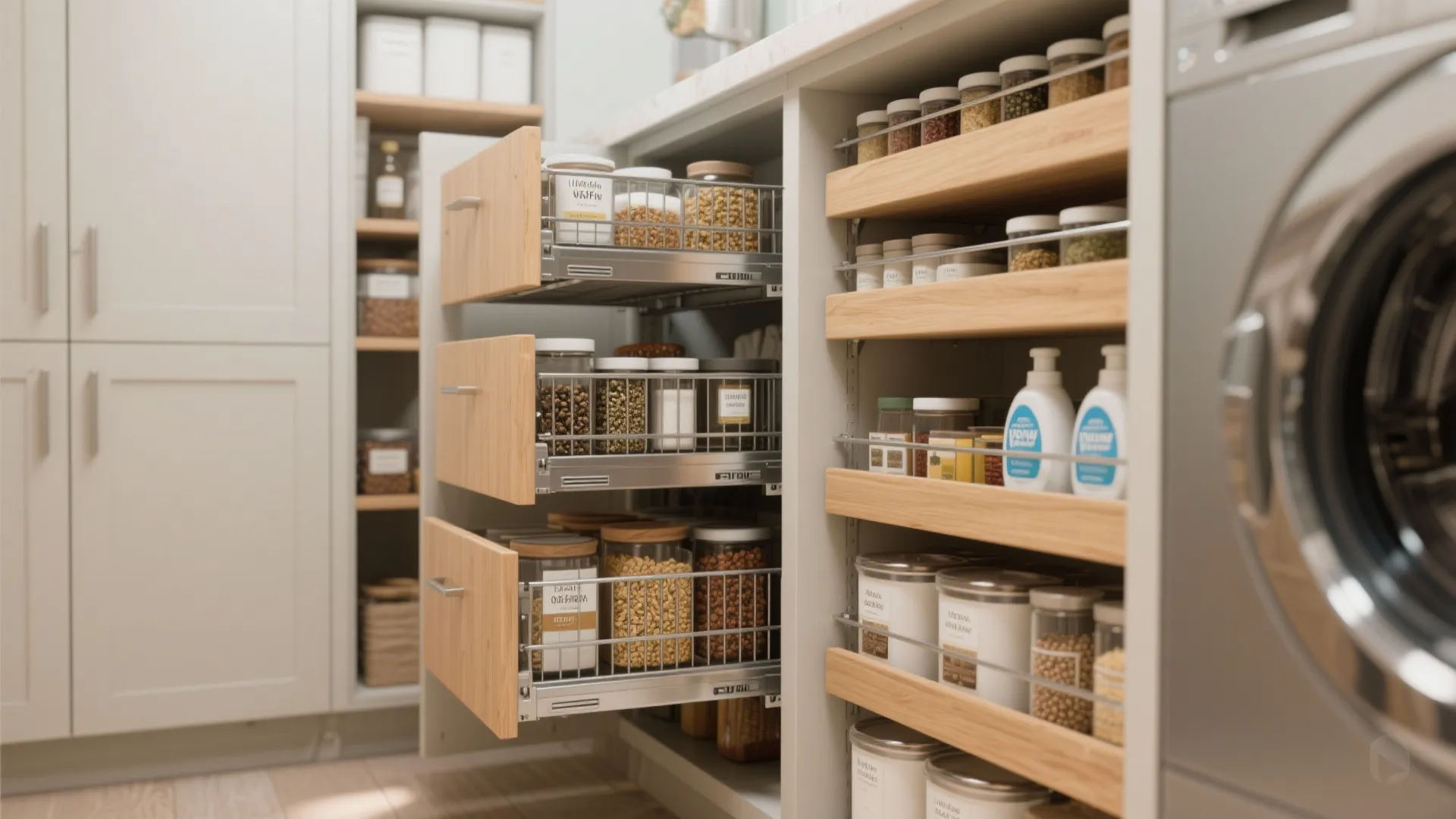 Close up of pull out kitchen cabinet shelves filled with glass jars and laundry supplies