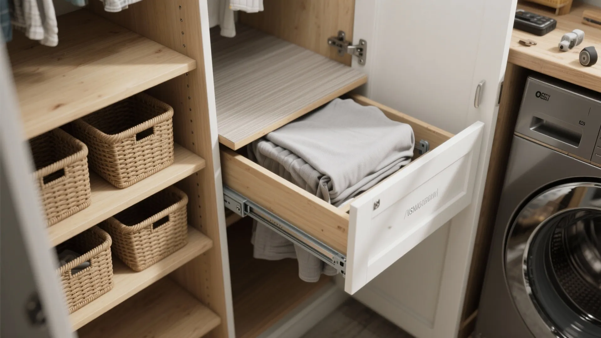 Modern laundry room cabinet with pull out wooden shelf and woven baskets for organized storage space