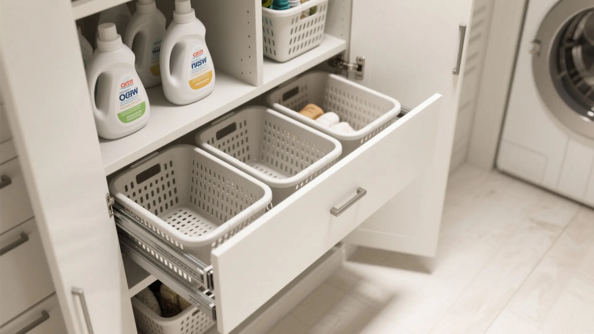 White cabinet with pull out laundry baskets and cleaning bottles organized neatly in a modern room