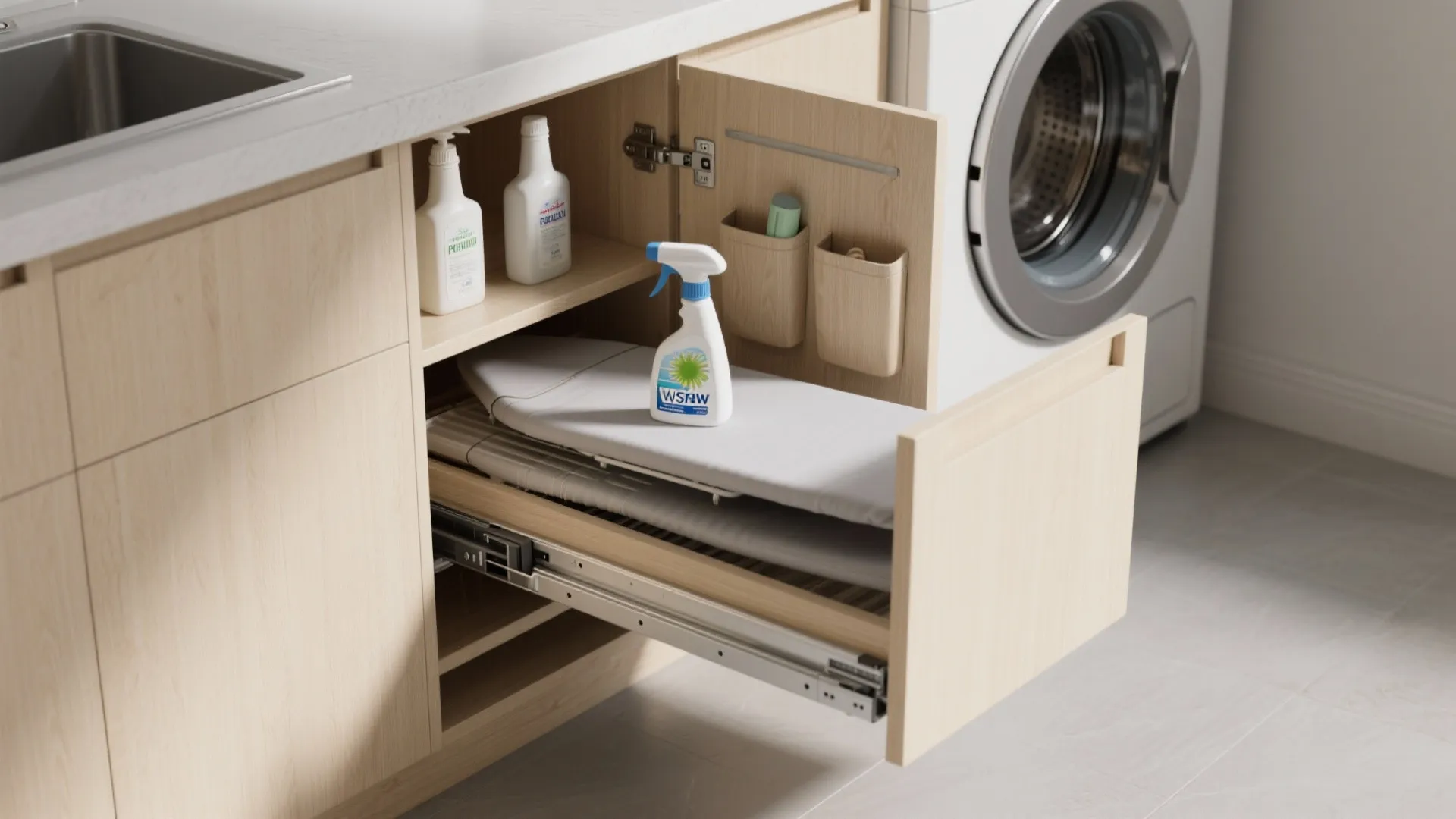Open wooden cabinet drawer showing iron board storage with cleaning spray bottles and washing machine