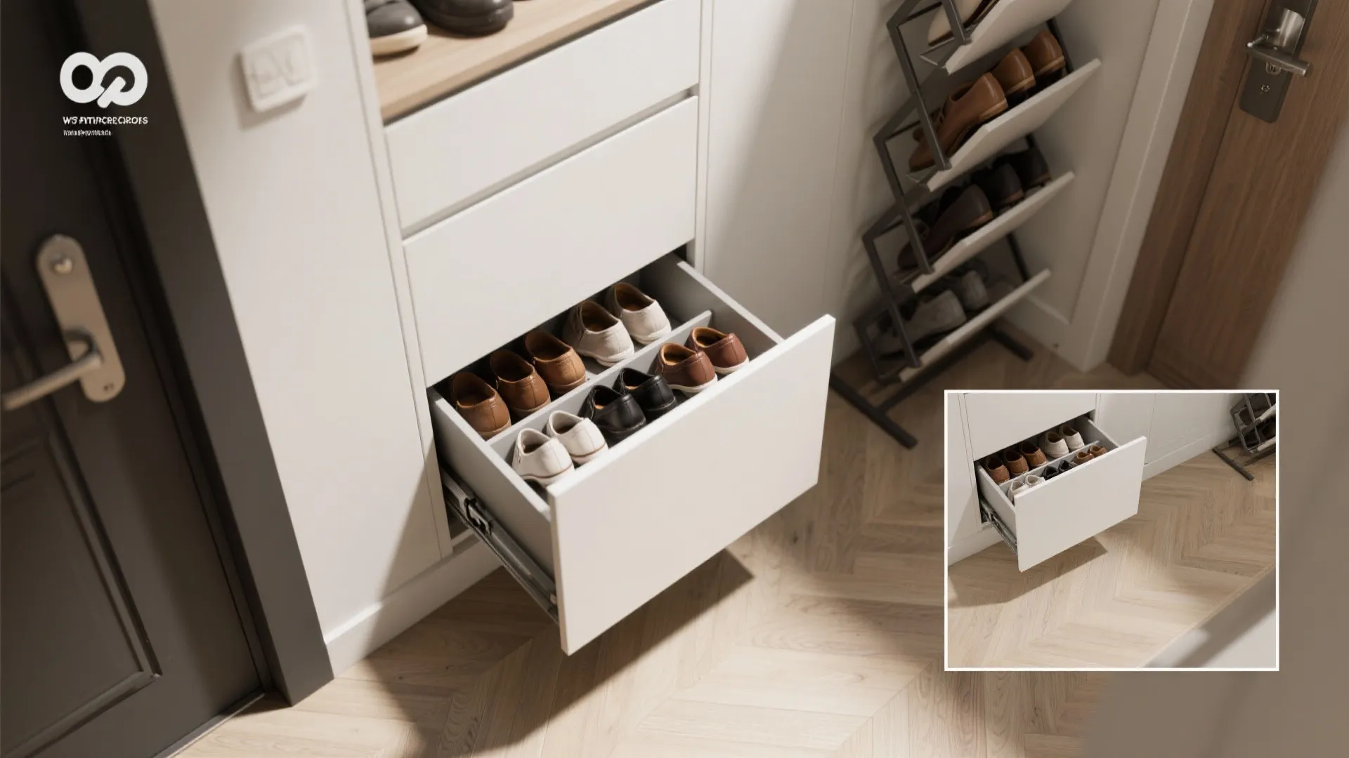 3. Slim, pull-out shoe cabinets and tilted racks