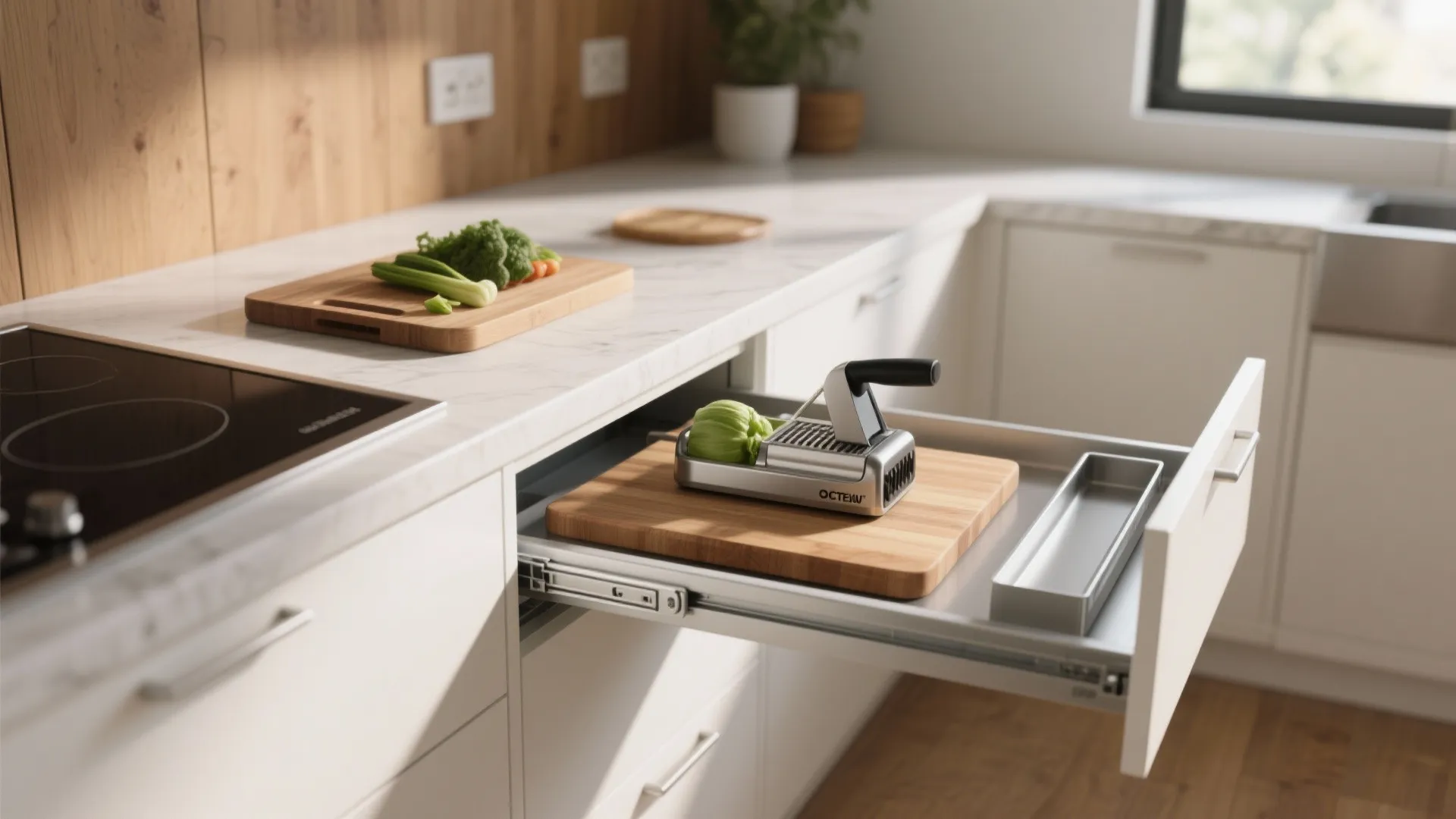1. Pull-out prep drawer with slicer dock