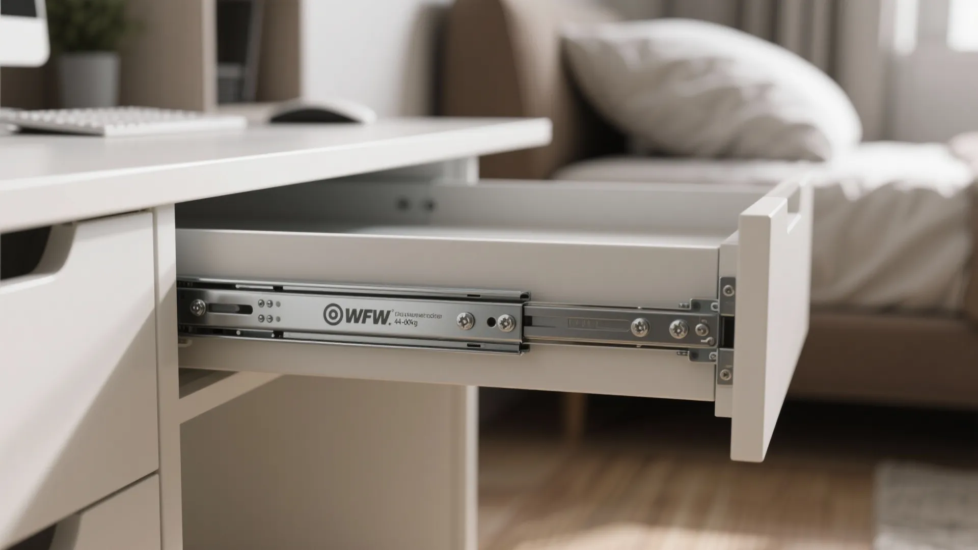 Macro of full-extension slide hardware and anti-rack brace on a pull-out desk.