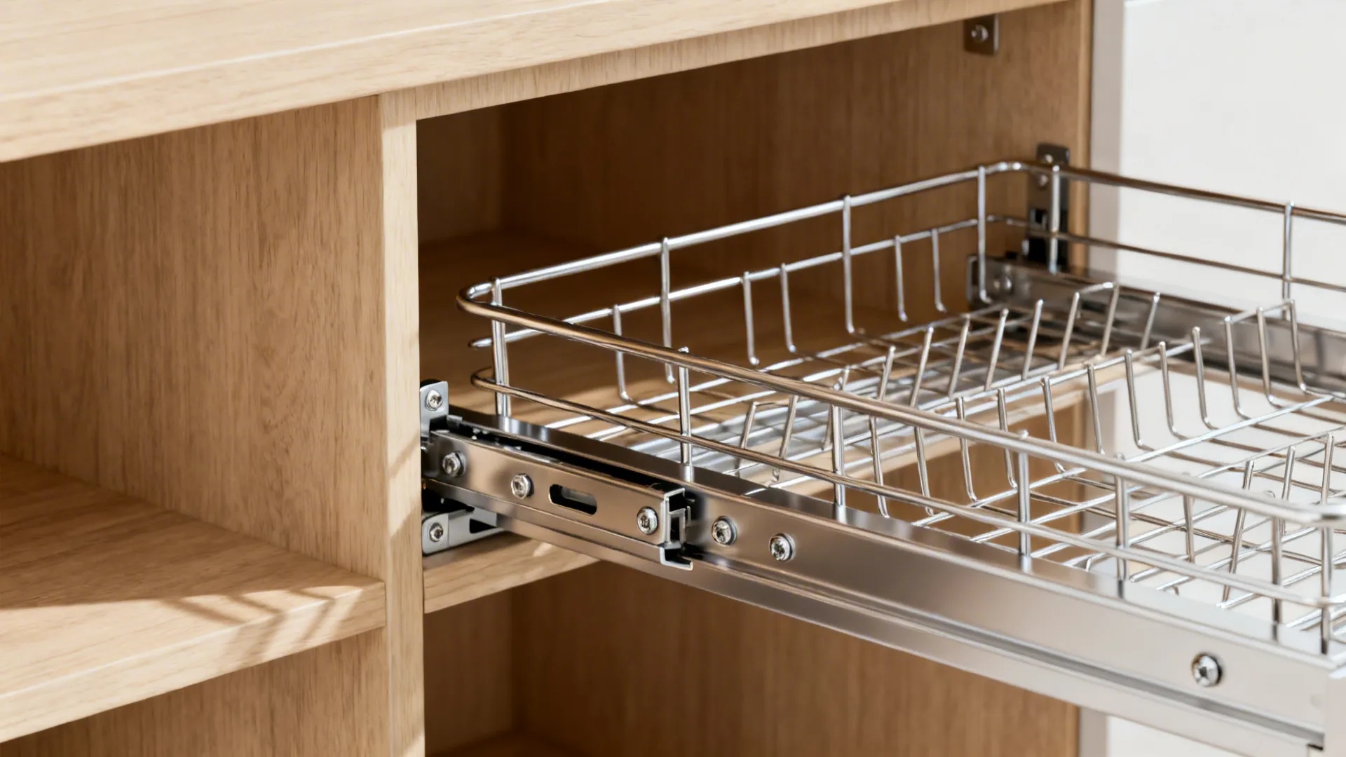 Close-up of a soft-close full-extension slide and chrome wire pull-out inside a cabinet.