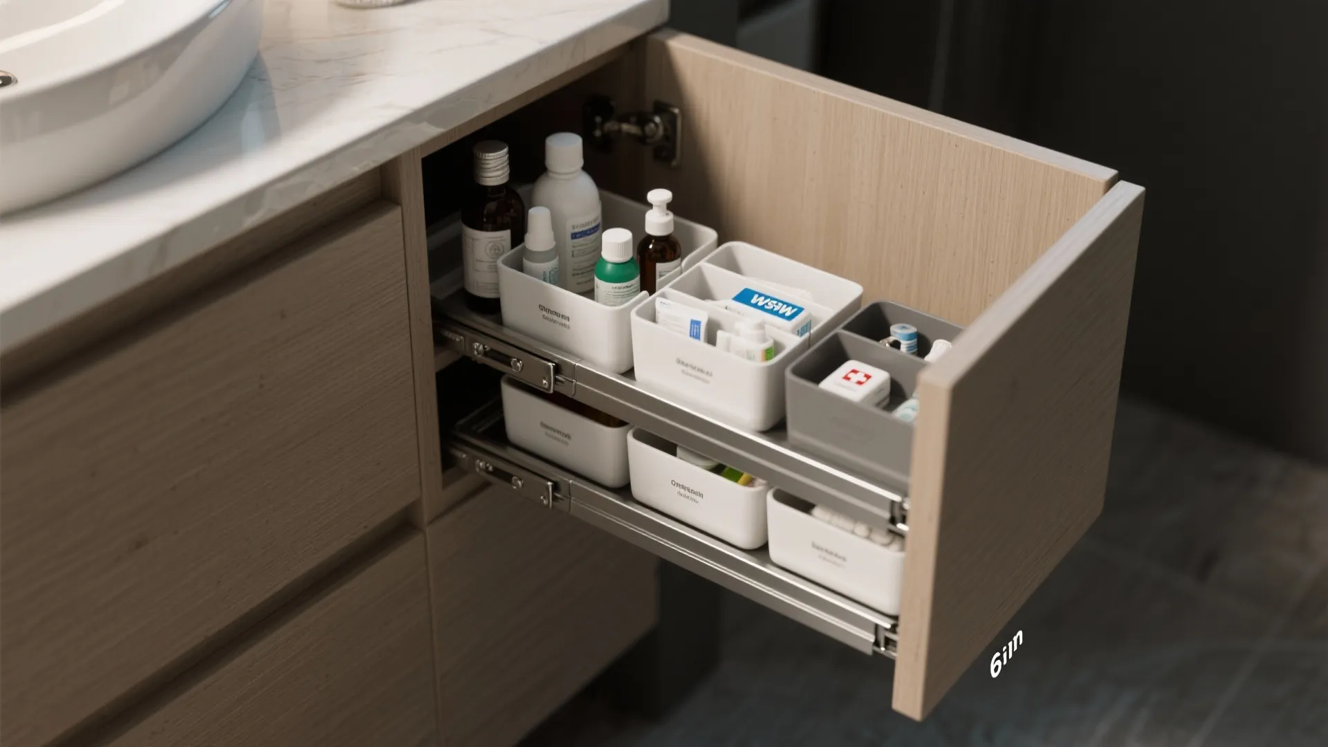 Open wooden bathroom drawer with metal pullout organizer holding various small white plastic storage bins