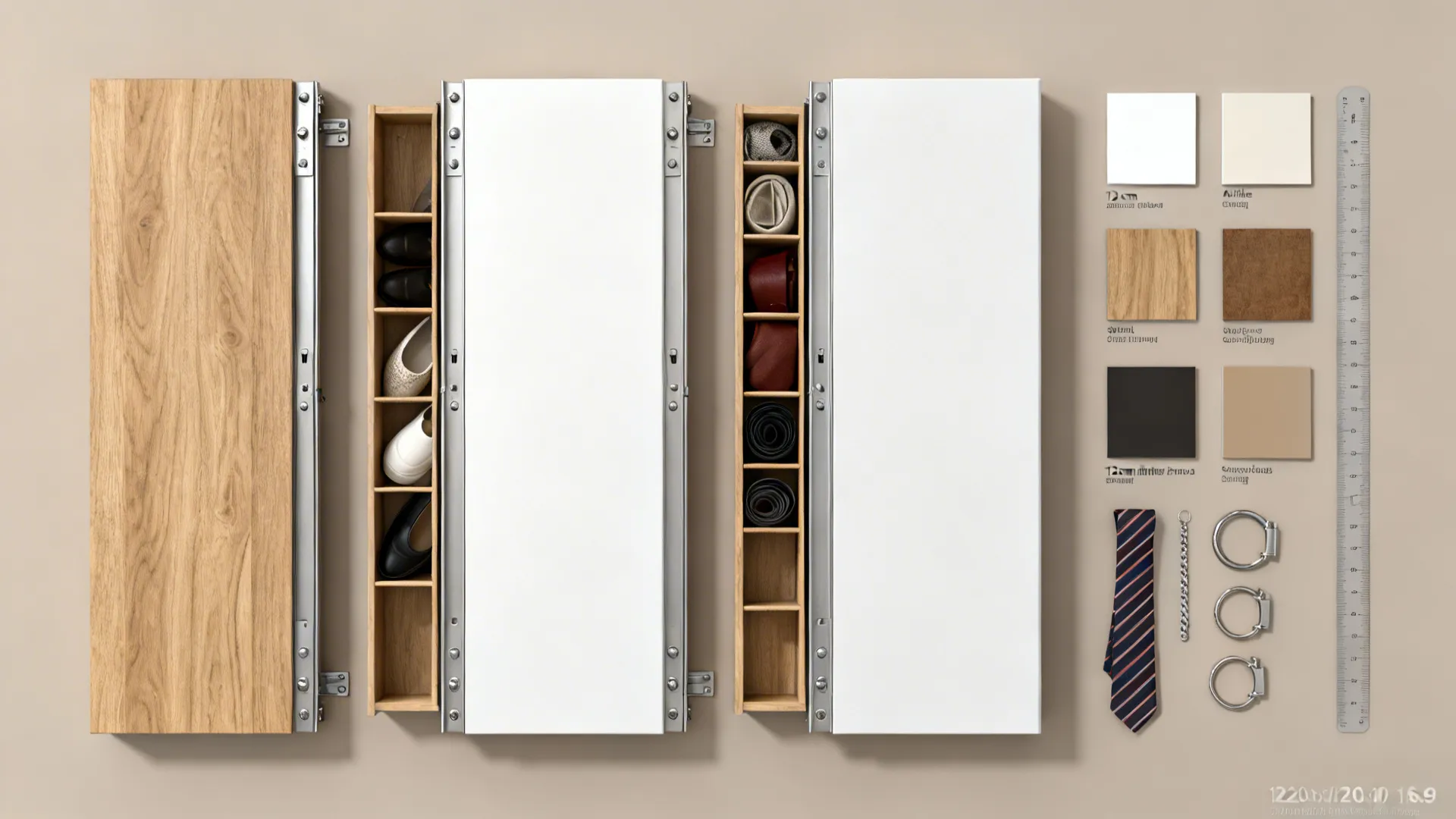 Flatlay of slim vertical pull-out rack components and a 12 cm shoe pull-out with material samples.