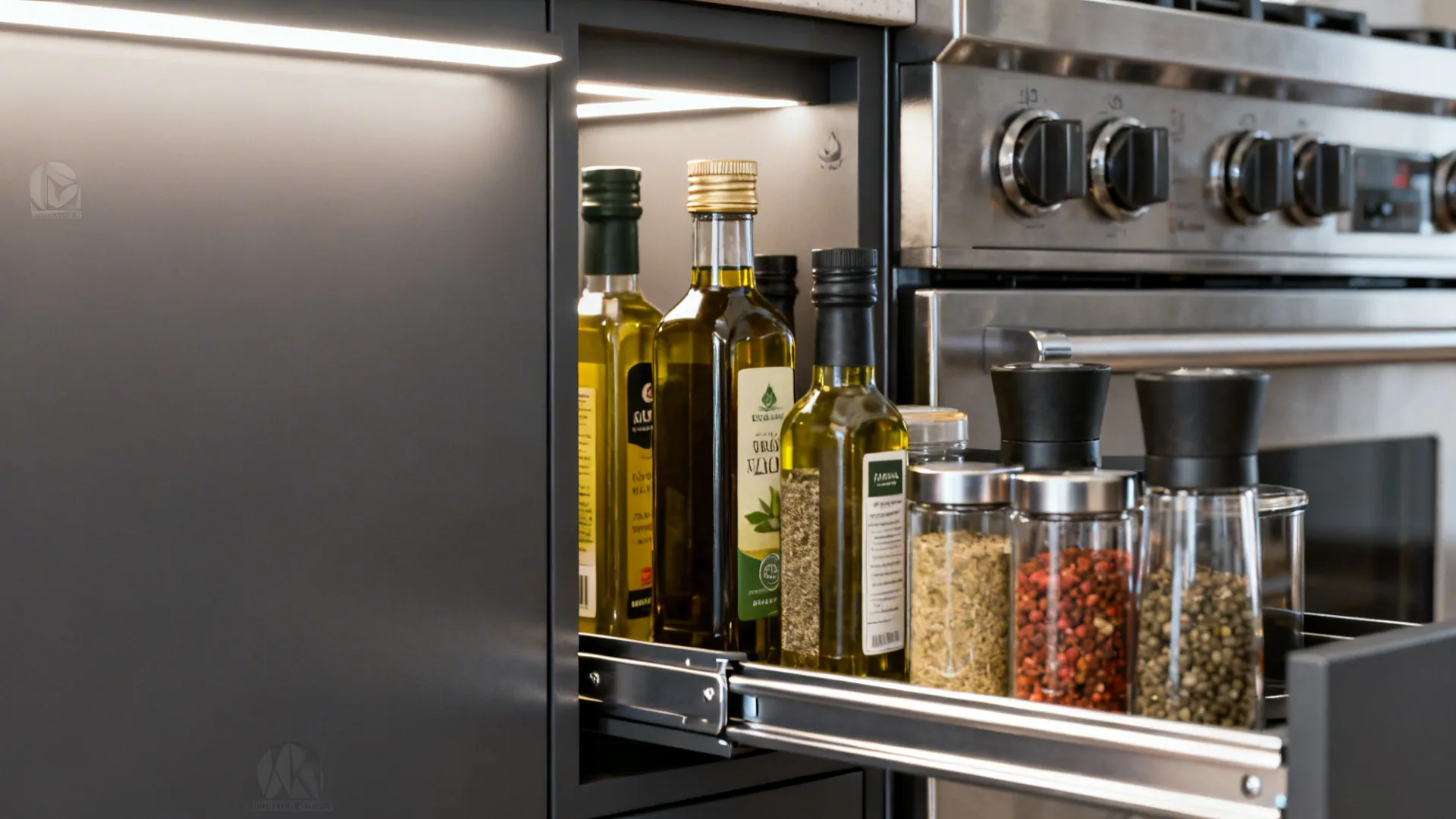 Macro of a 9–12 inch pull-out beside the range holding oils and spices on soft-close slides