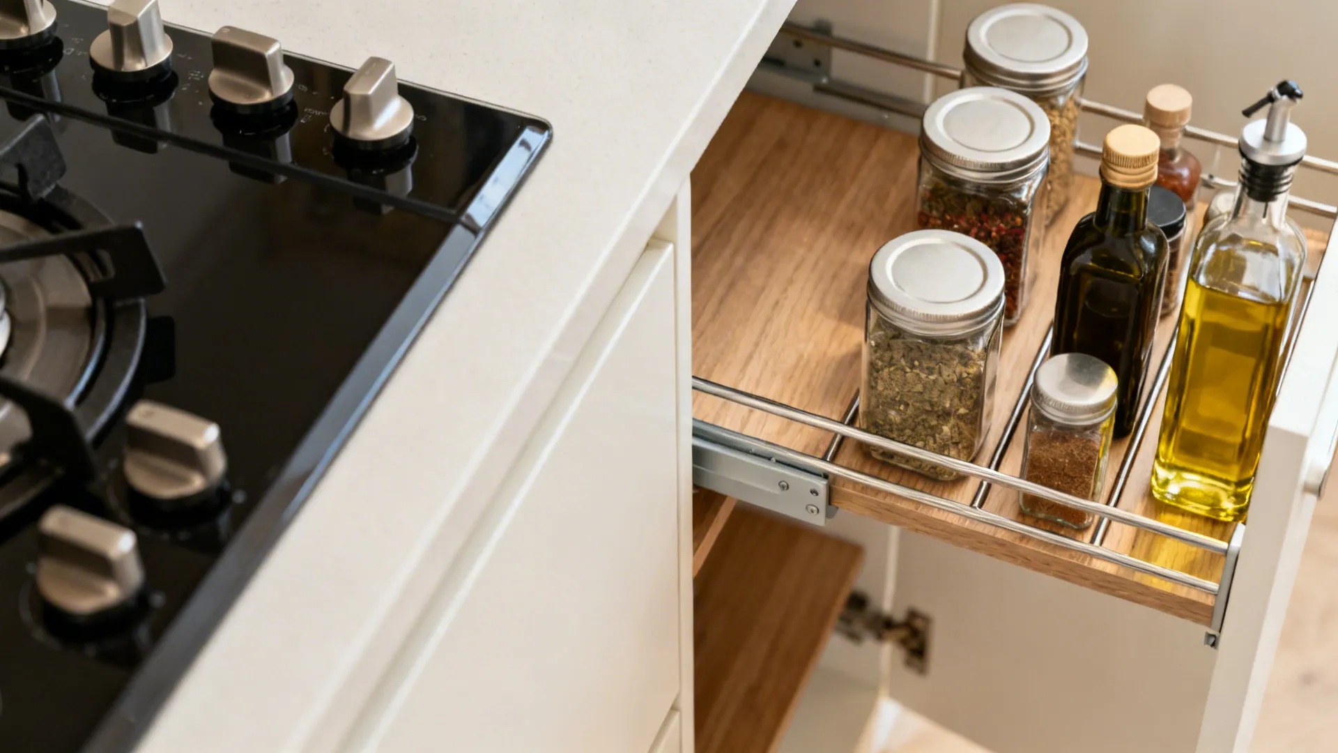 Macro of a narrow pull-out pantry with spices and oils on tidy rails beside the hob.