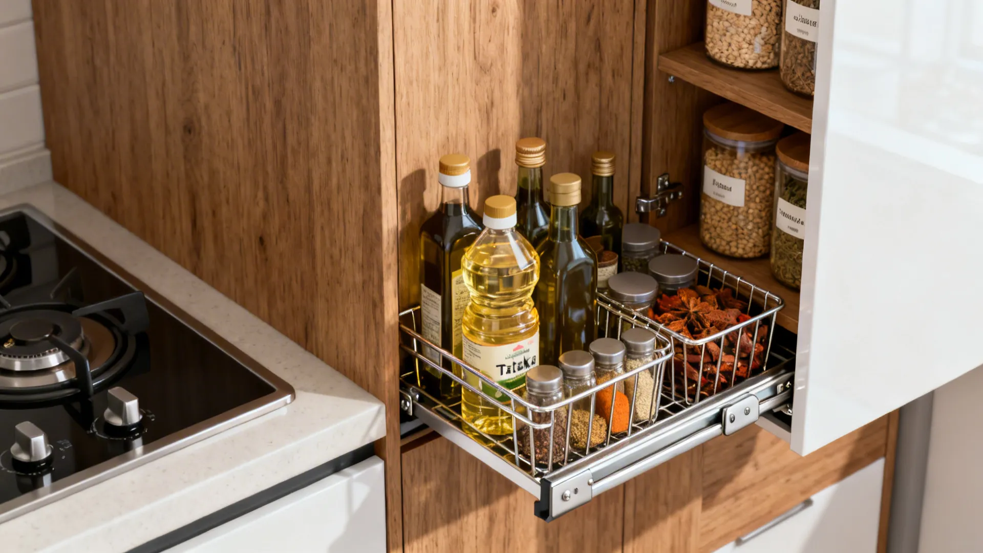 Close-up of a slim pull-out spice and oil unit with soft-close baskets next to the hob.