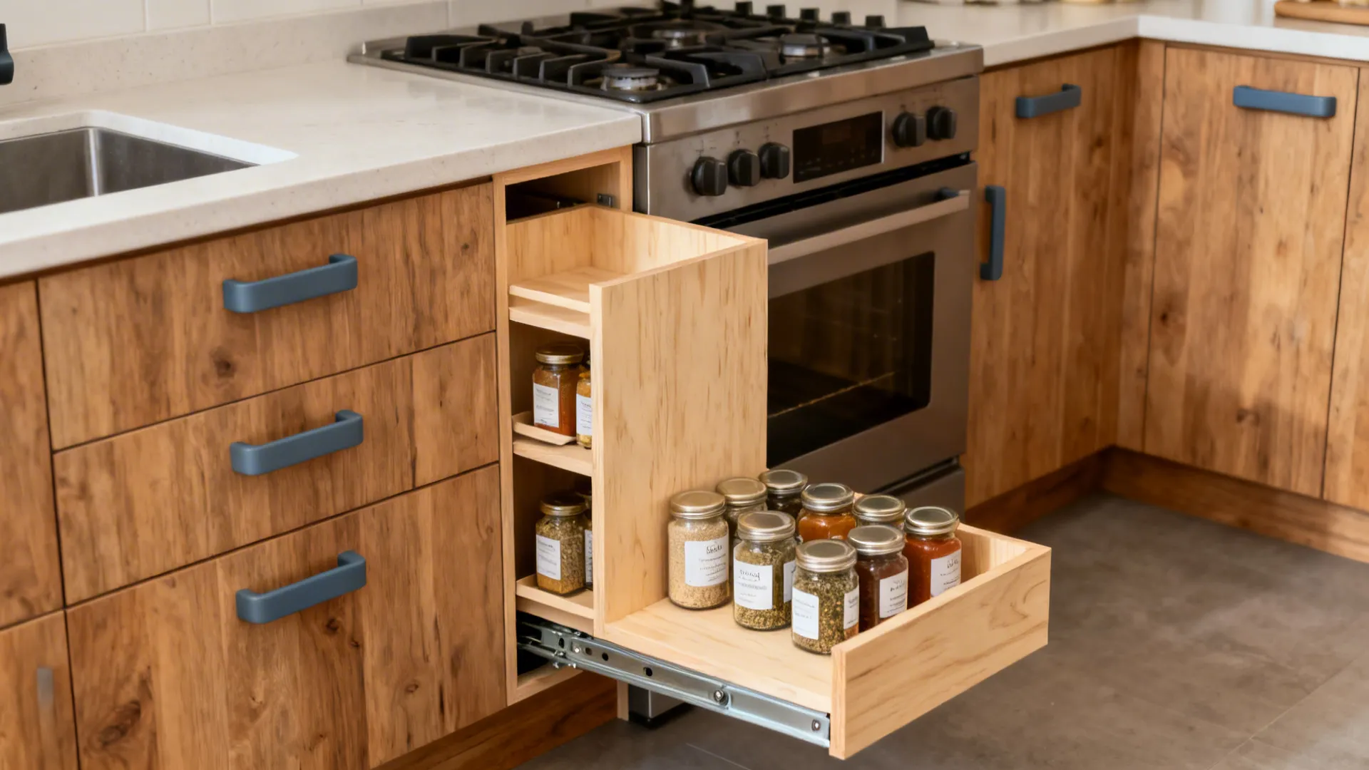Slim pull-out spice rack beside a stove with neatly labeled jars.