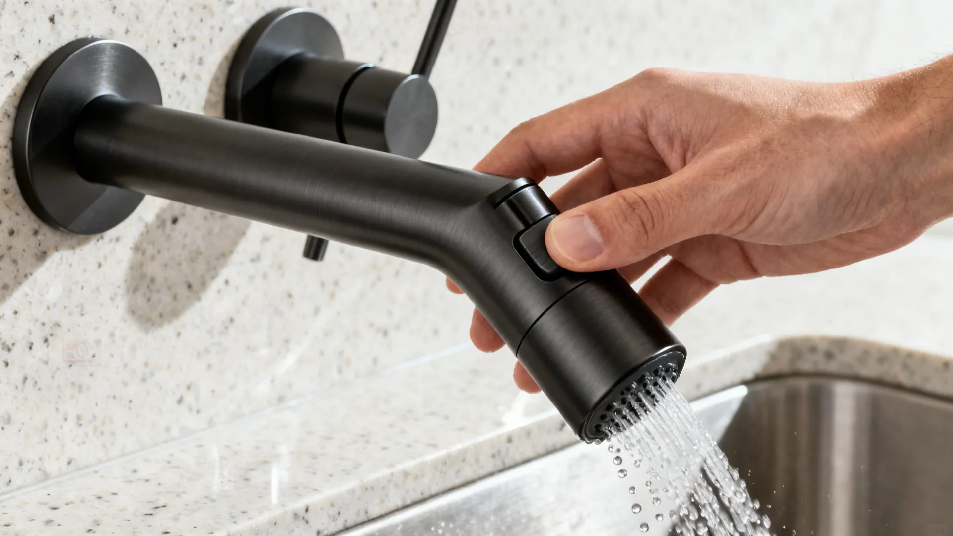 Hand holding a black kitchen faucet head spraying water into a modern stainless steel sink