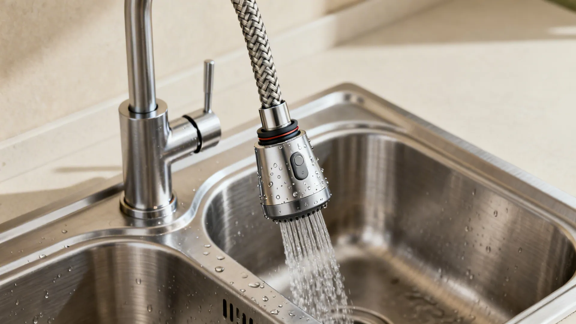 Compact double-bowl with pull-out spray