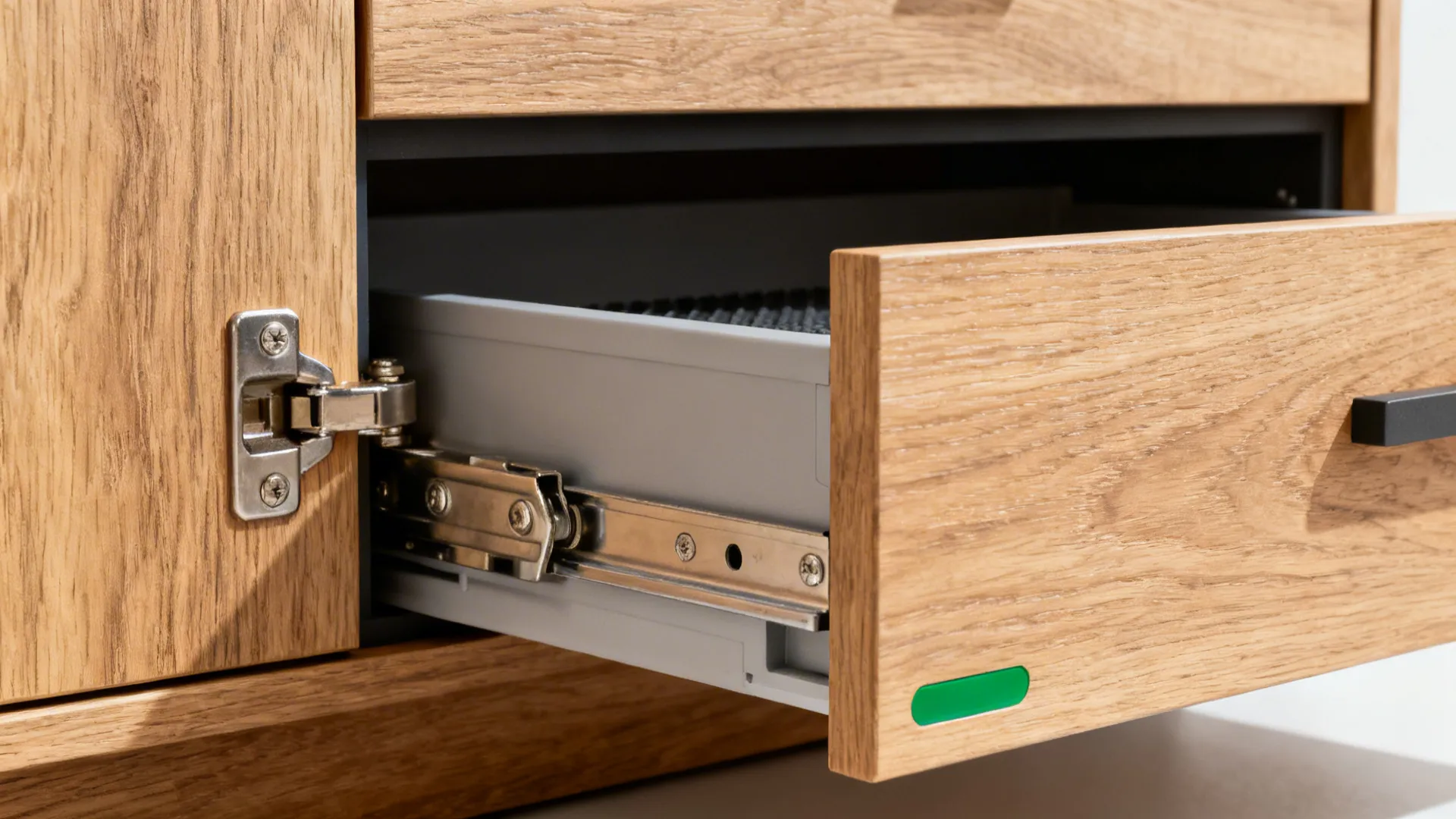 Close-up of a pull-out step with soft-close hardware integrated into a base cabinet.