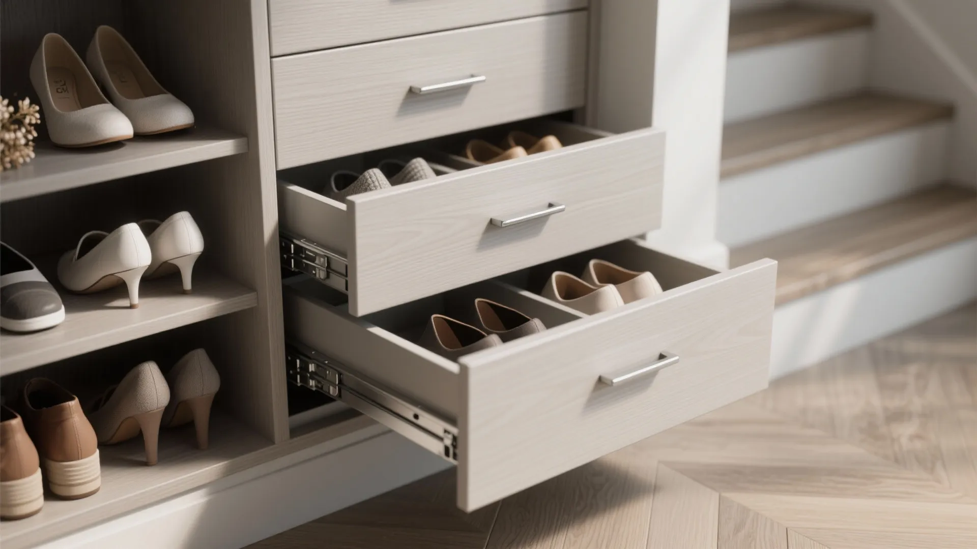 Modern wood cabinet with open pullout drawers storing shoes near a staircase in a home