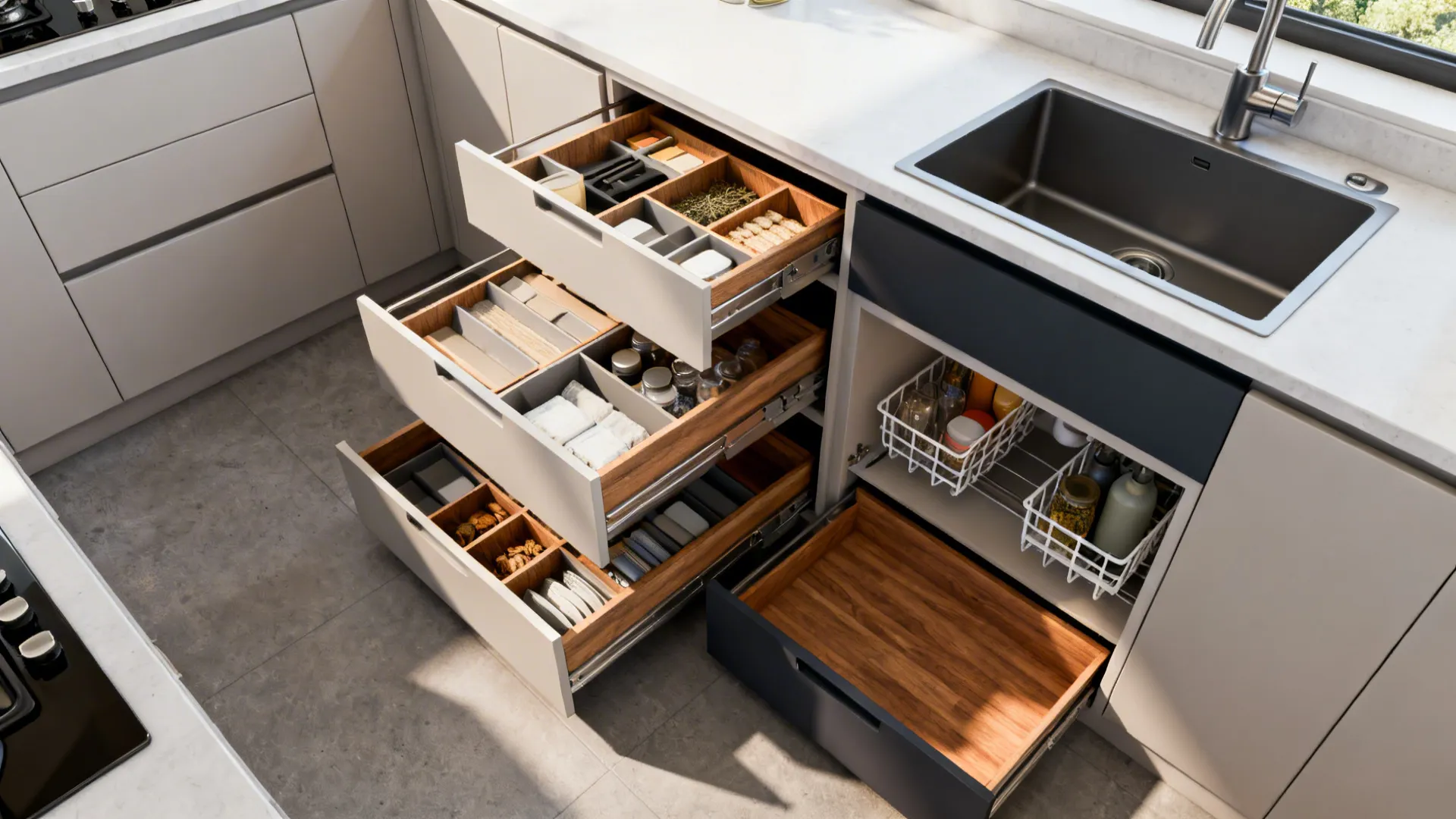 Pull-out pantry, deep drawers, toe-kick storage and under-sink organizers in a small kitchen.