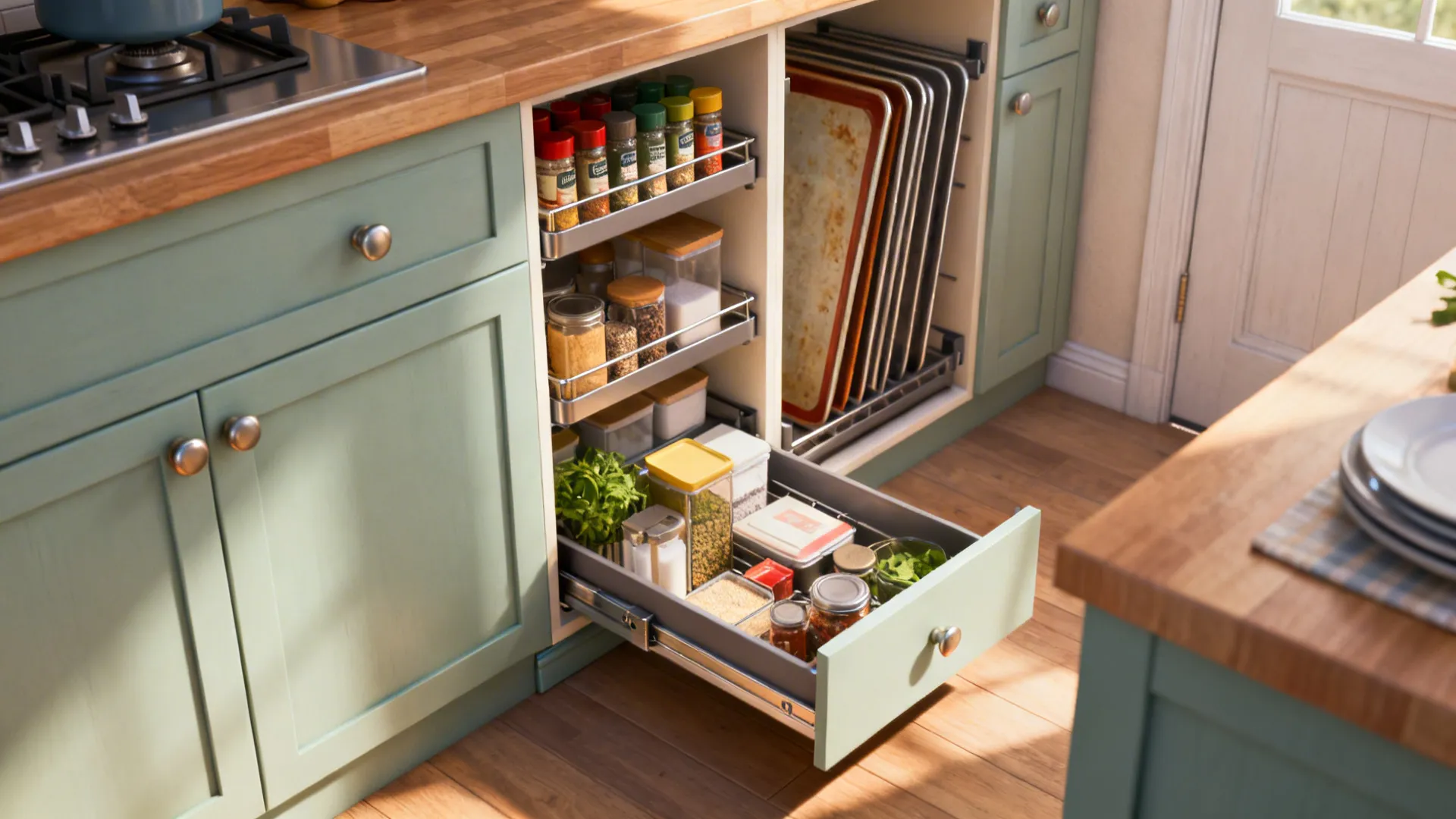 Pull-out pantry and vertical organizers in a compact kitchen showing efficient storage solutions