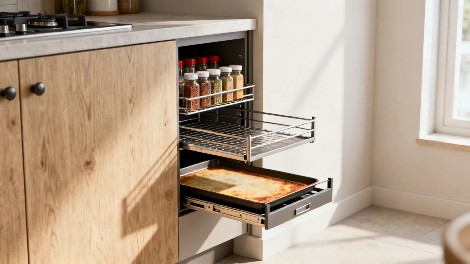 Slim pull-out storage built into a half wall holding spices and trays.