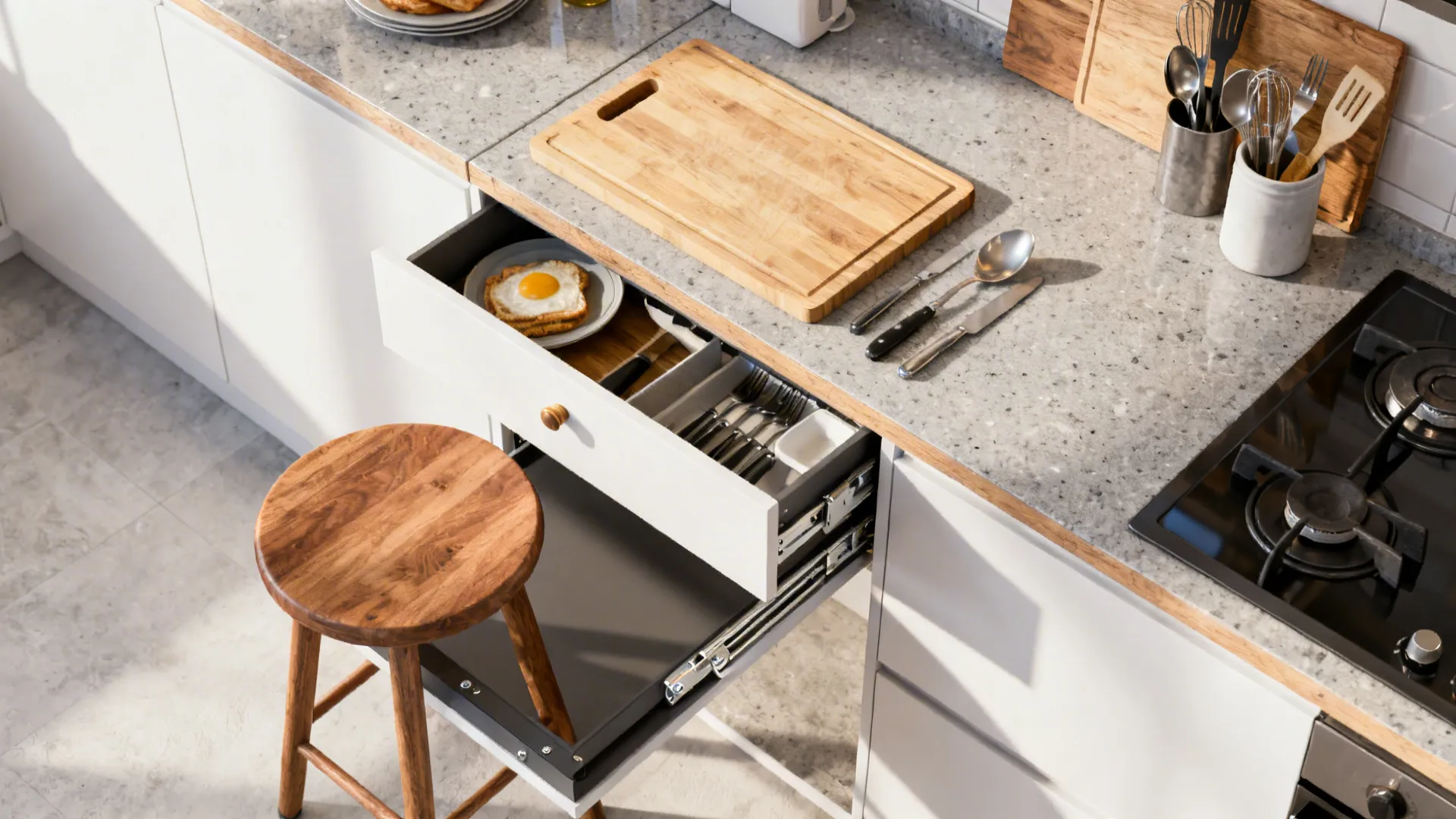 Top-down view of a pull-out cutting board and slide-away breakfast counter in a small kitchen