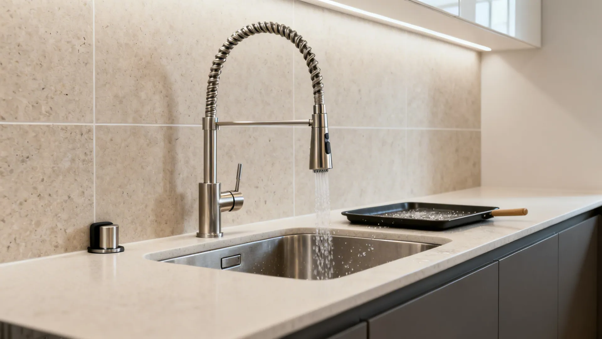 Silver pullout water tap spraying water into kitchen sink with a black tray nearby