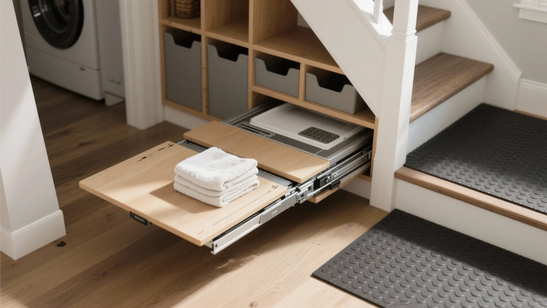 3. Pull-out Folding Table + Storage Under the Stairs