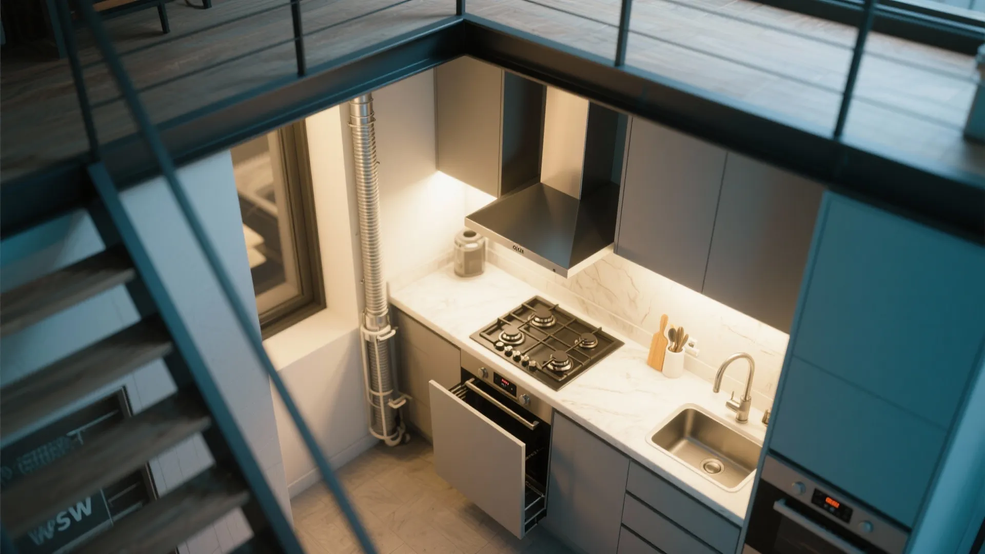 Pull-out telescopic range hood extended above cooktop in loft kitchen