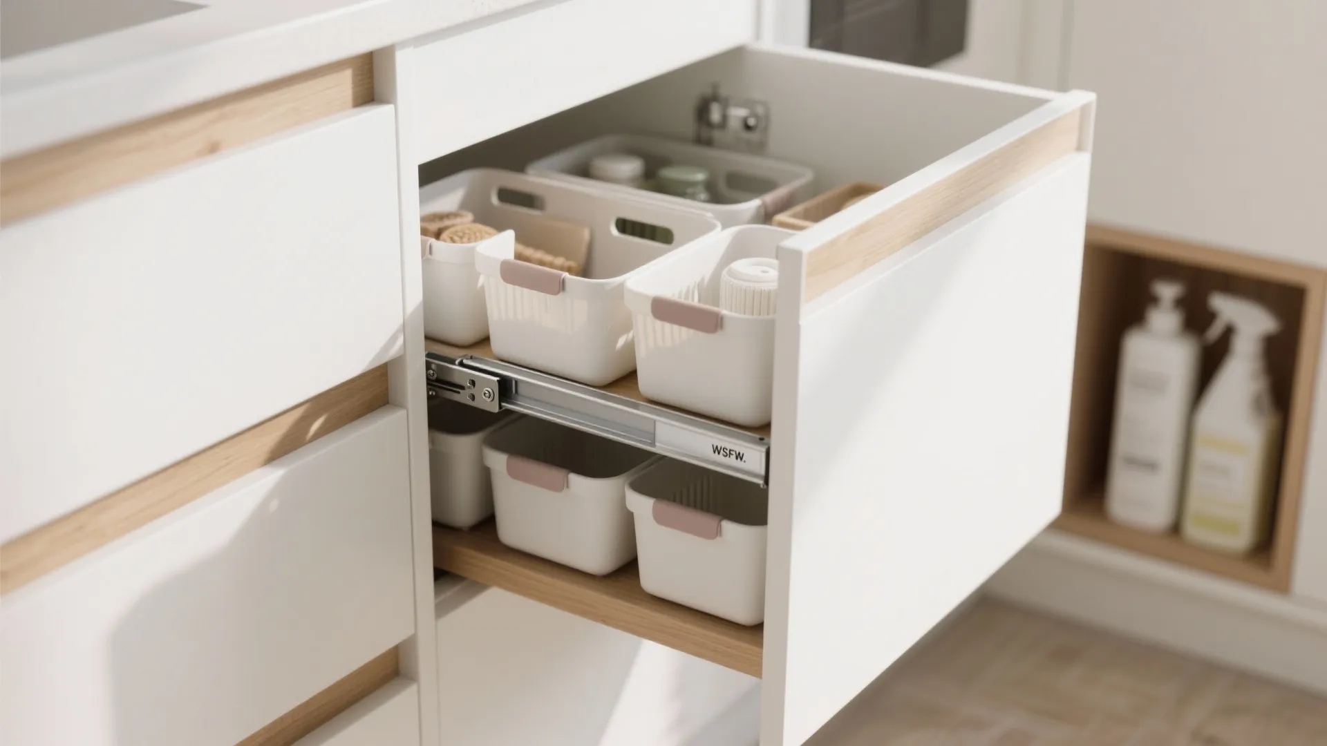 Open white kitchen cabinet drawer with organized plastic storage boxes and light wood interior shelf detail