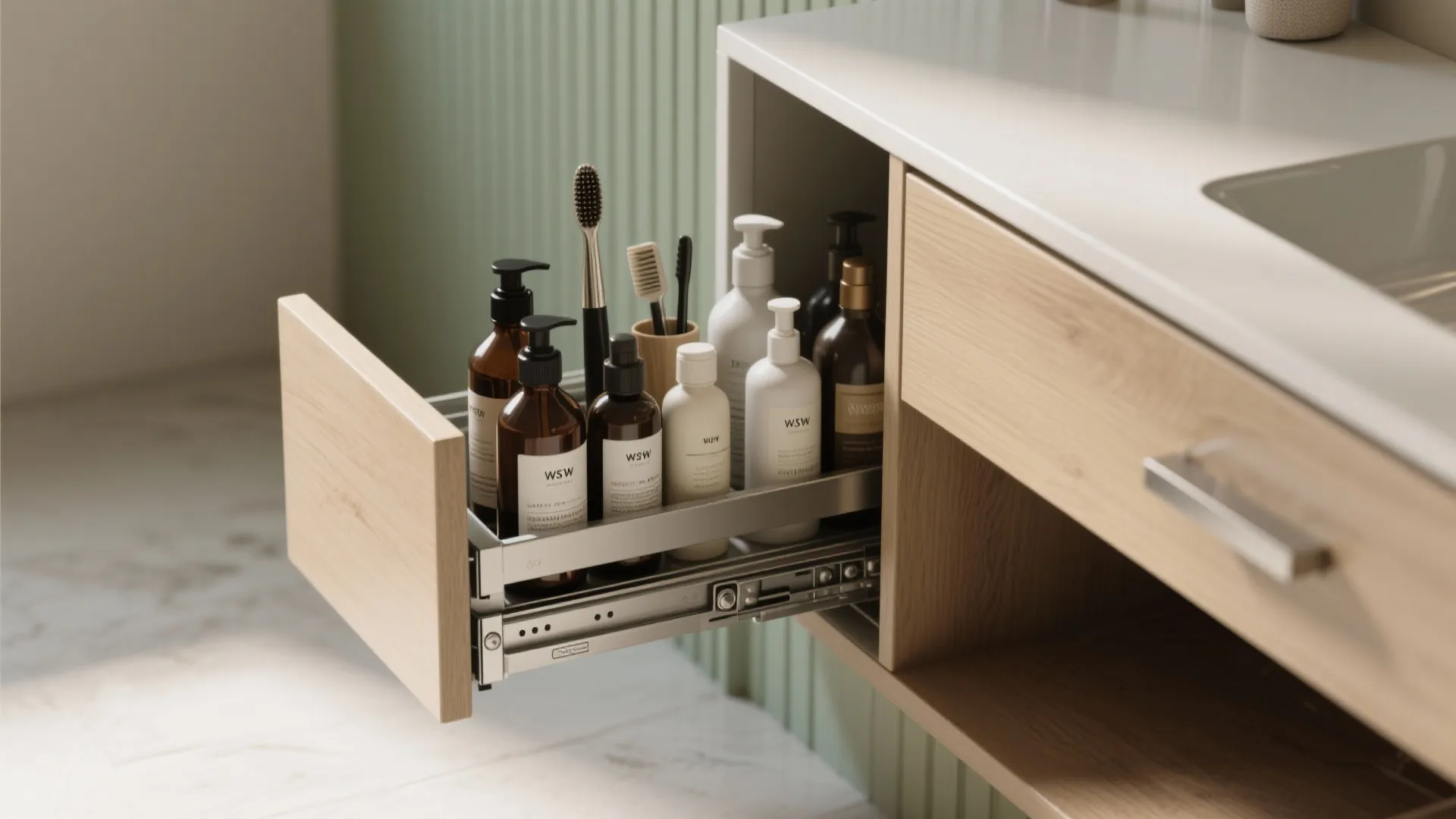 Modern wooden bathroom cabinet with an open drawer storing various soap bottles and two toothbrushes