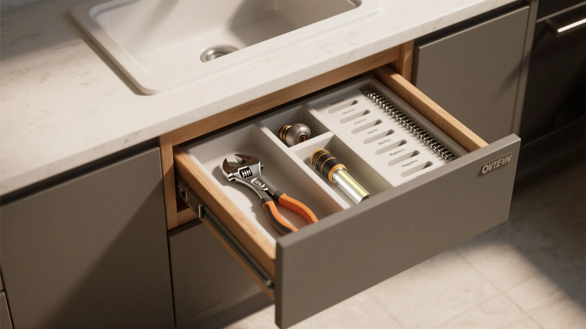 Shallow labeled pull-out drawer under a sink holding a compact pipe wrench, pliers, and flashlight.