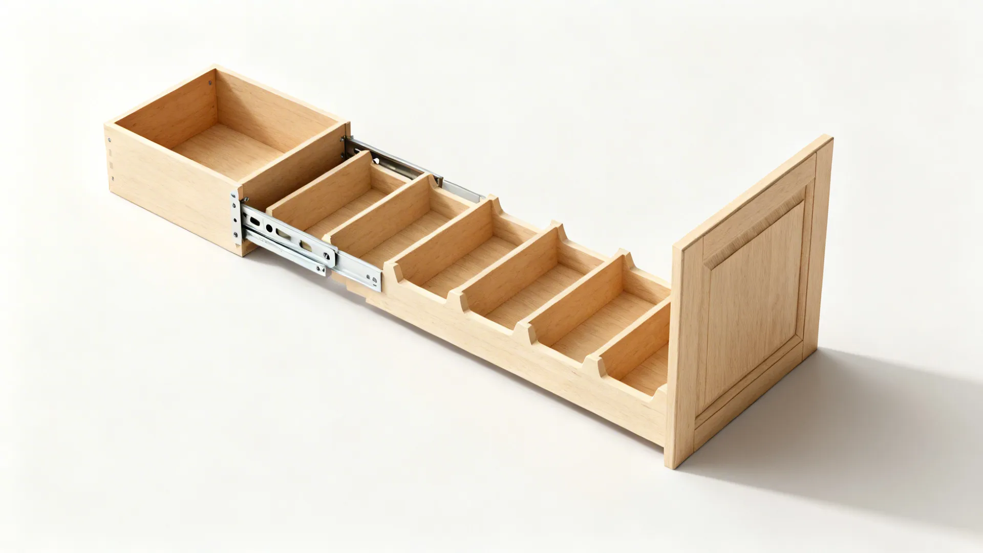 Top-down view of U-shaped pull-out spice rack with slides and shelves.