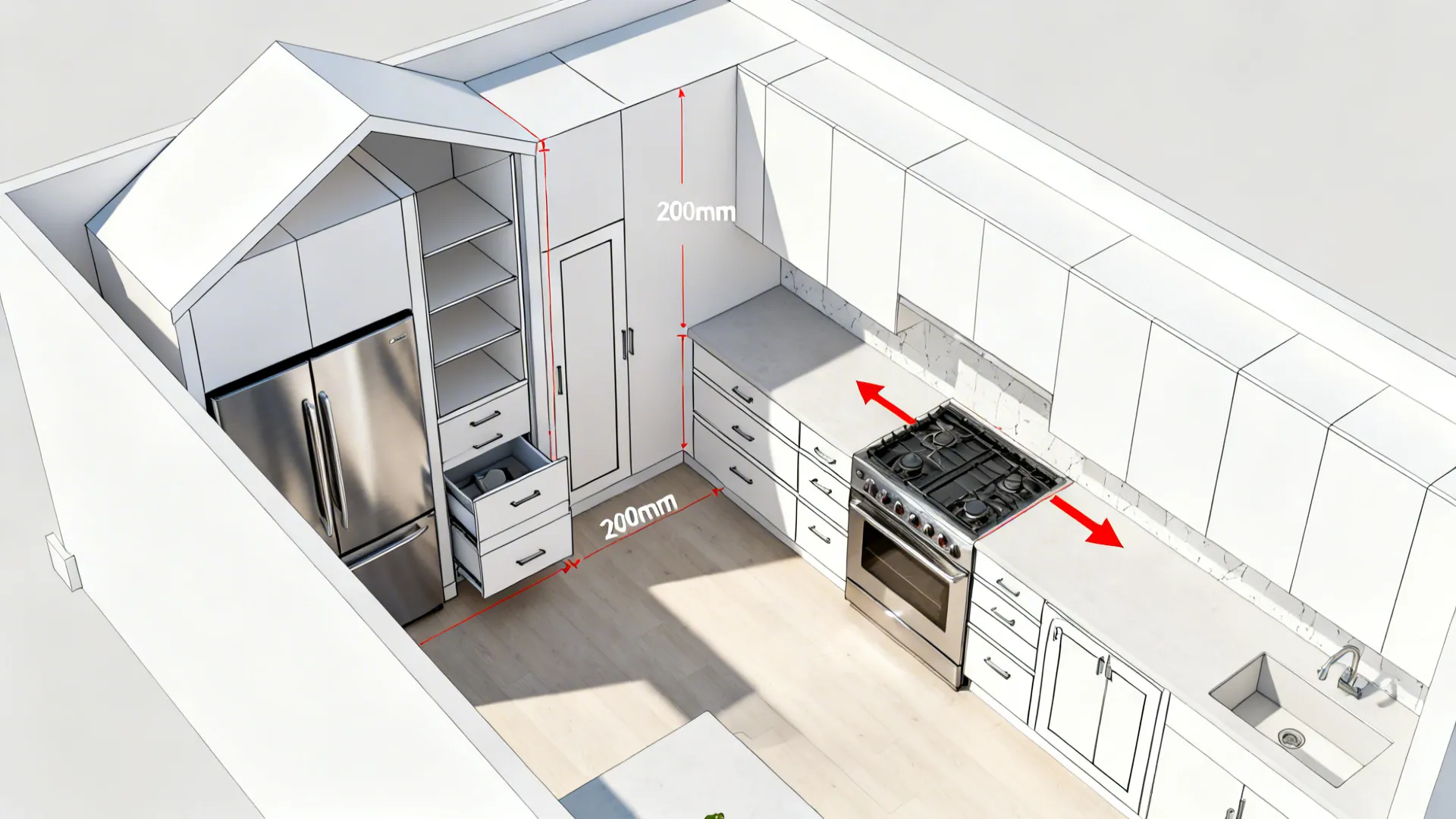 Top-down view showing a 200 mm pull-out pantry positioned beside a fridge in a narrow kitchen.