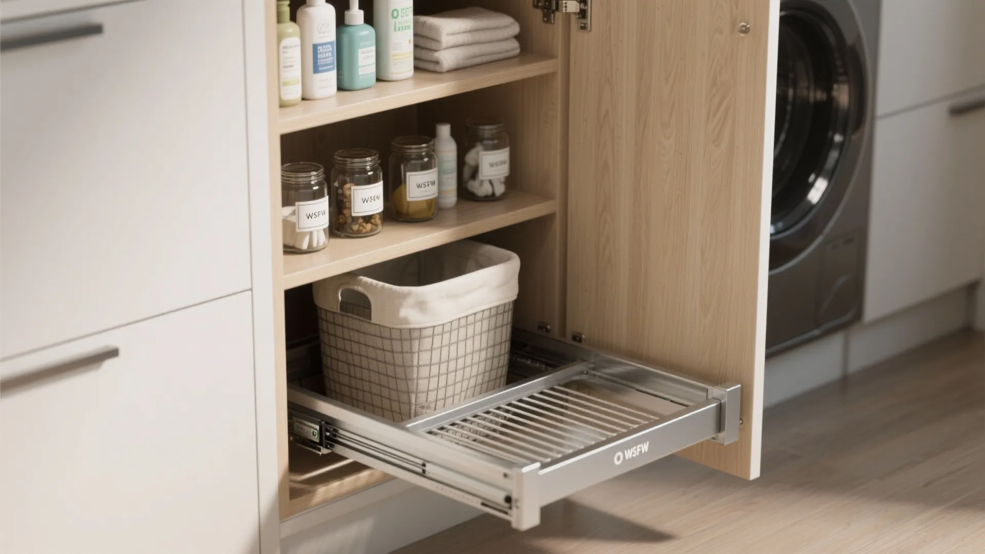 Open wood cabinet with organized shelves, a storage basket, and an extended metal pull-out rack