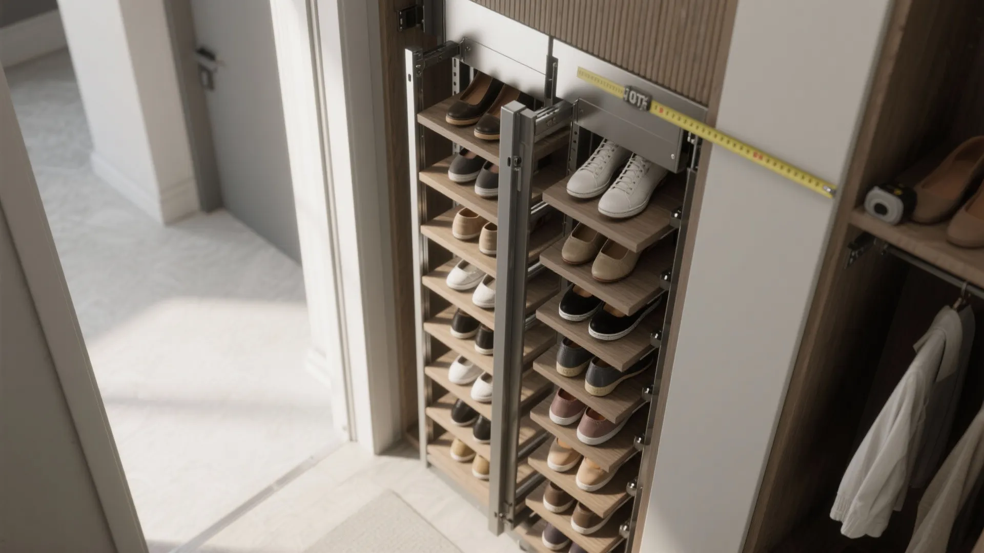 Top-down view of a vertical pull-out shoe tower extended from a narrow niche showing multiple shelves with shoes.