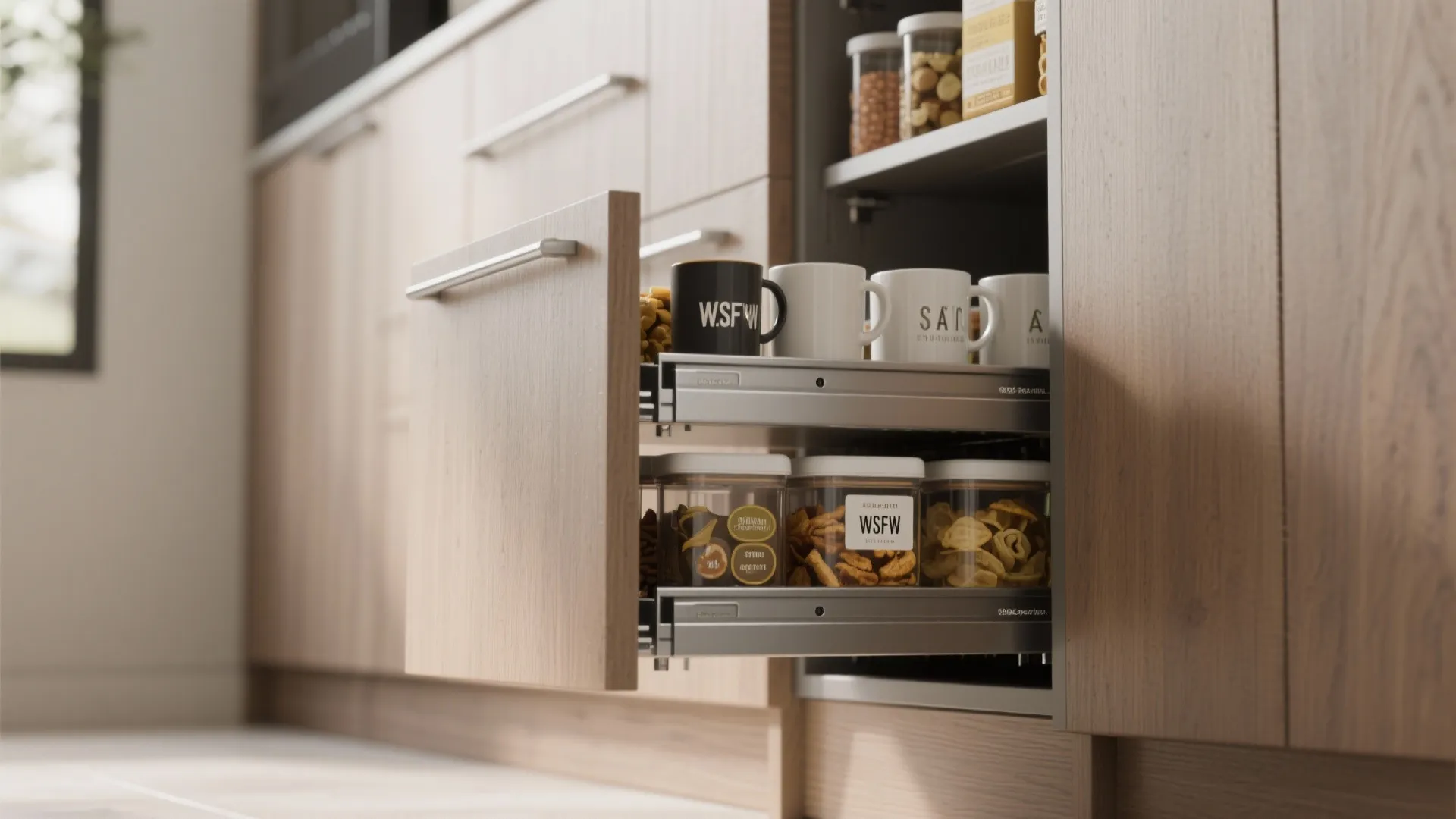 Wooden kitchen cabinet with pull out metal drawers holding white coffee mugs and glass jars
