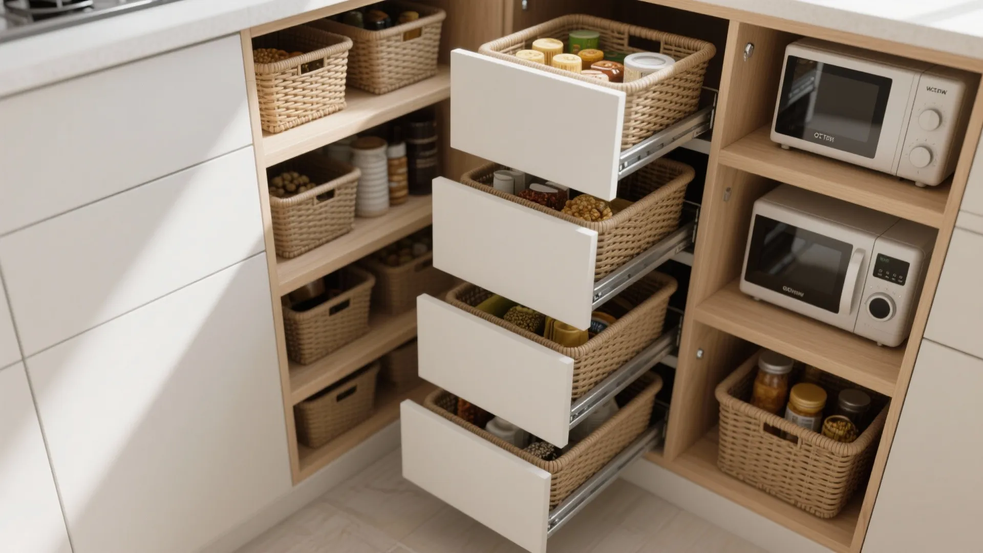Kitchen pantry storage with pull out woven baskets and wooden shelves holding two small microwave