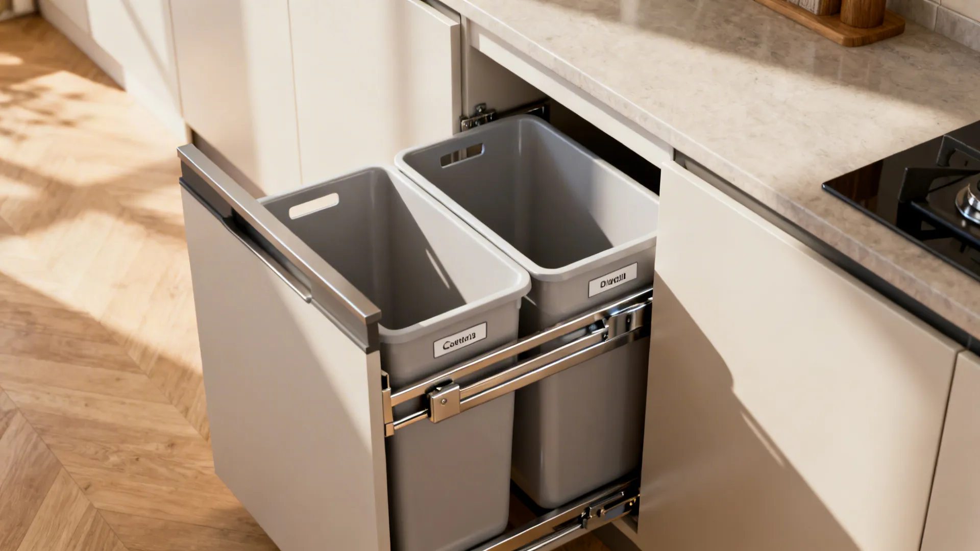 Slim pull-out cabinet with two labeled recycling and trash bins inside.