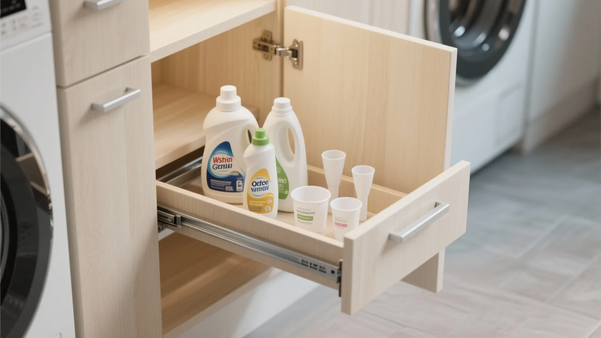 Light wood laundry room cabinet with a pull out drawer holding detergent bottles and white cups