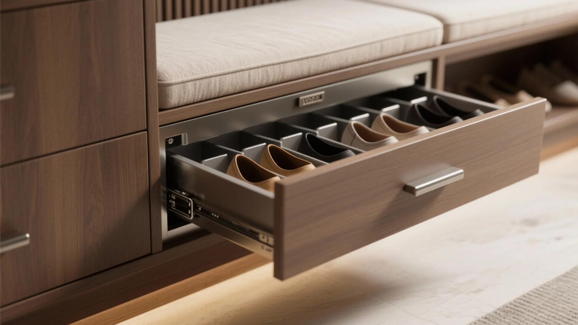 2. Pull-out shoe trays hidden under seating