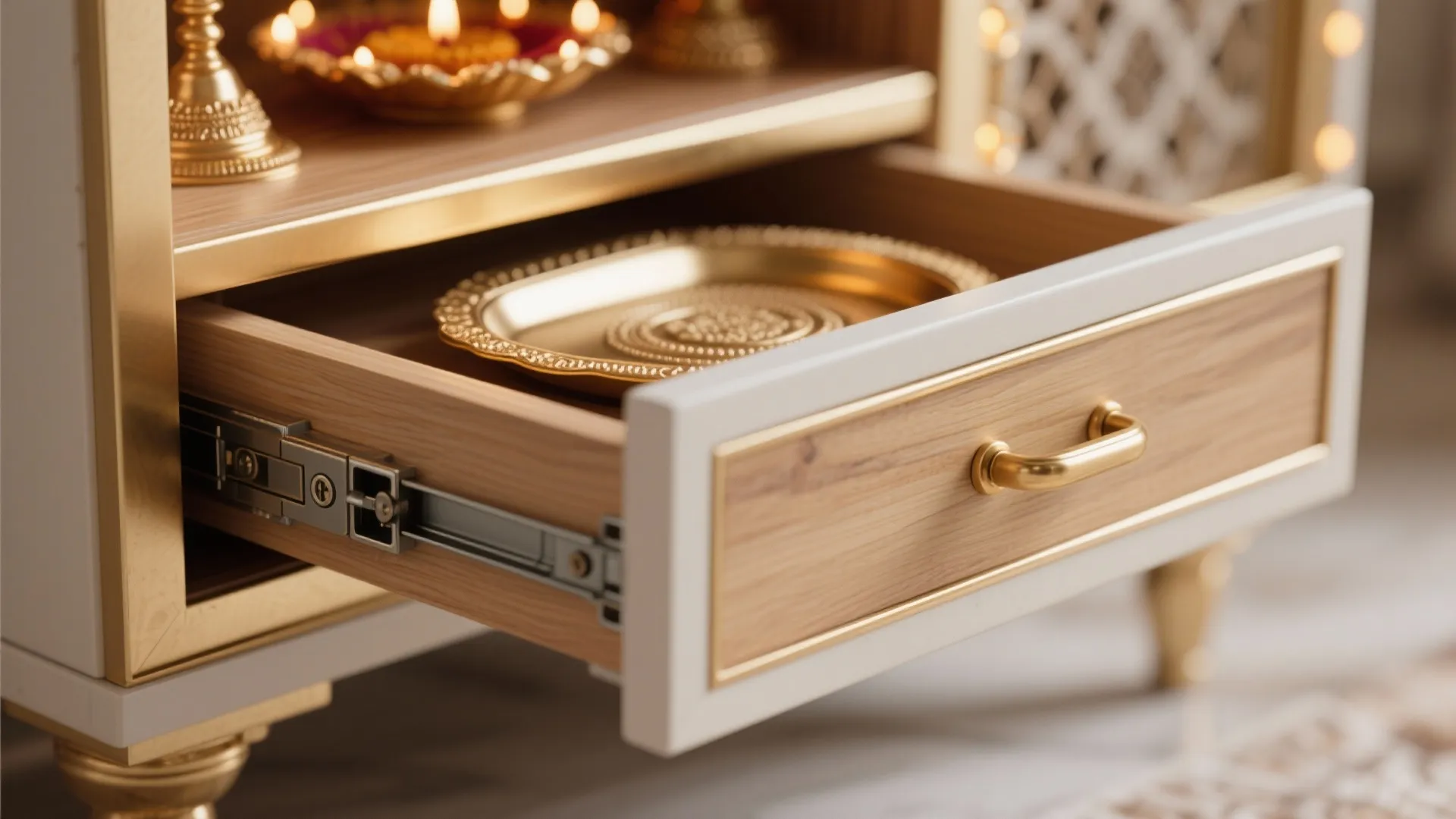 Open wooden drawer showing gold tray inside with metal sliding tracks and small gold handle