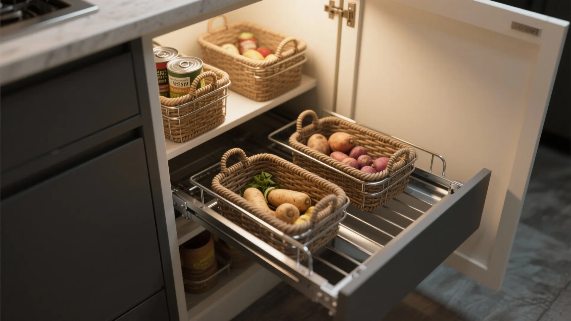 Pull out kitchen drawer with metal racks holding woven baskets filled with fresh organic root vegetables