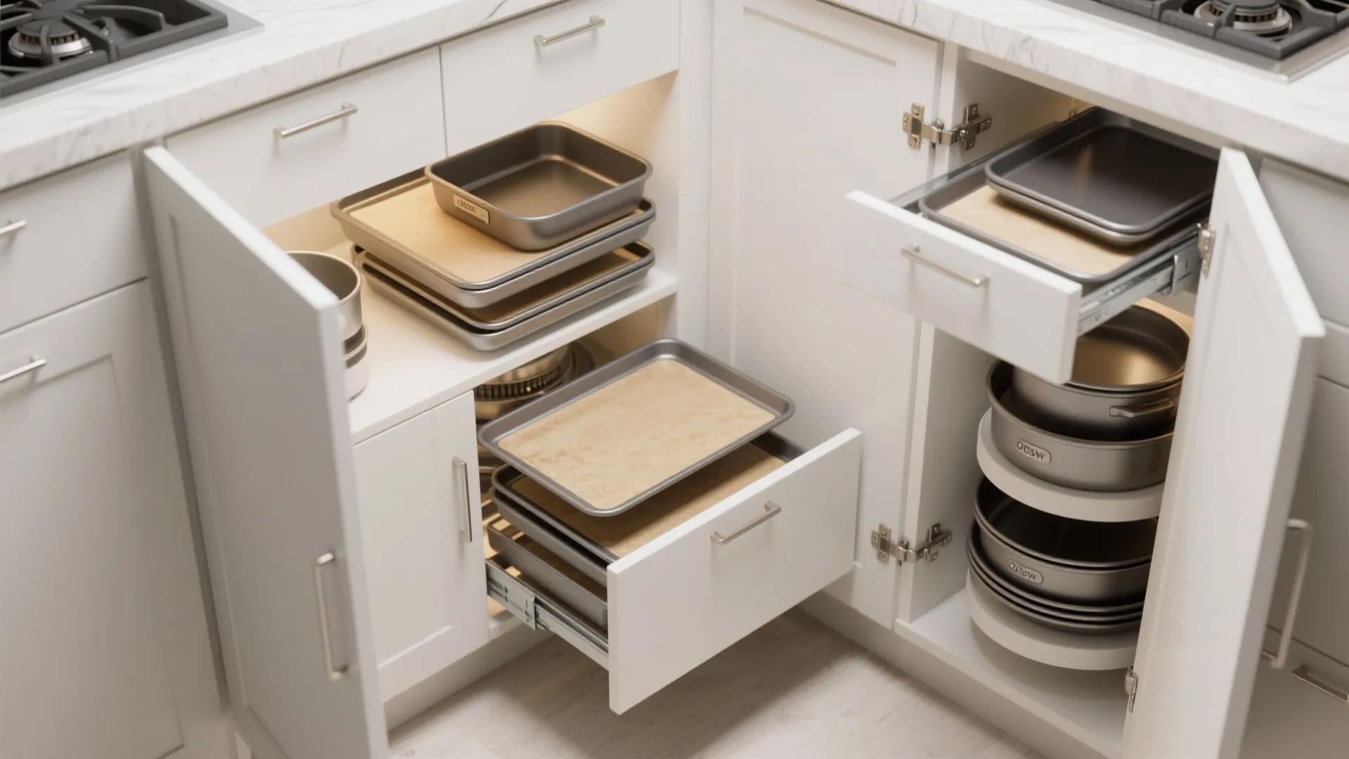 Top-down view of corner cabinet with pull-out trays holding pans and baking sheets
